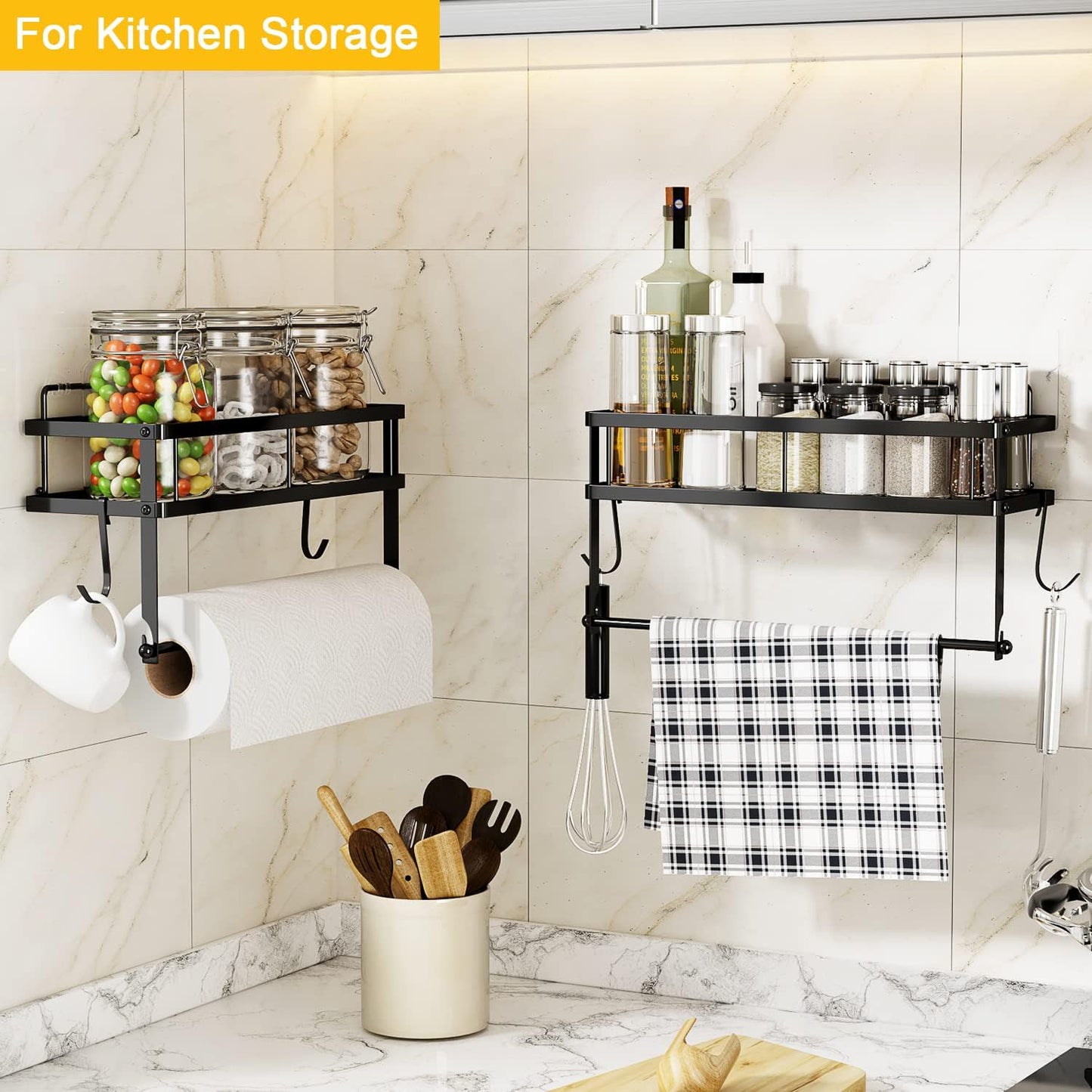 Paper Towel Holder Wall Mount with Shelf, Adhesive, Matte Black Metal | Stainless steel 2in1 holder shelf fits large
