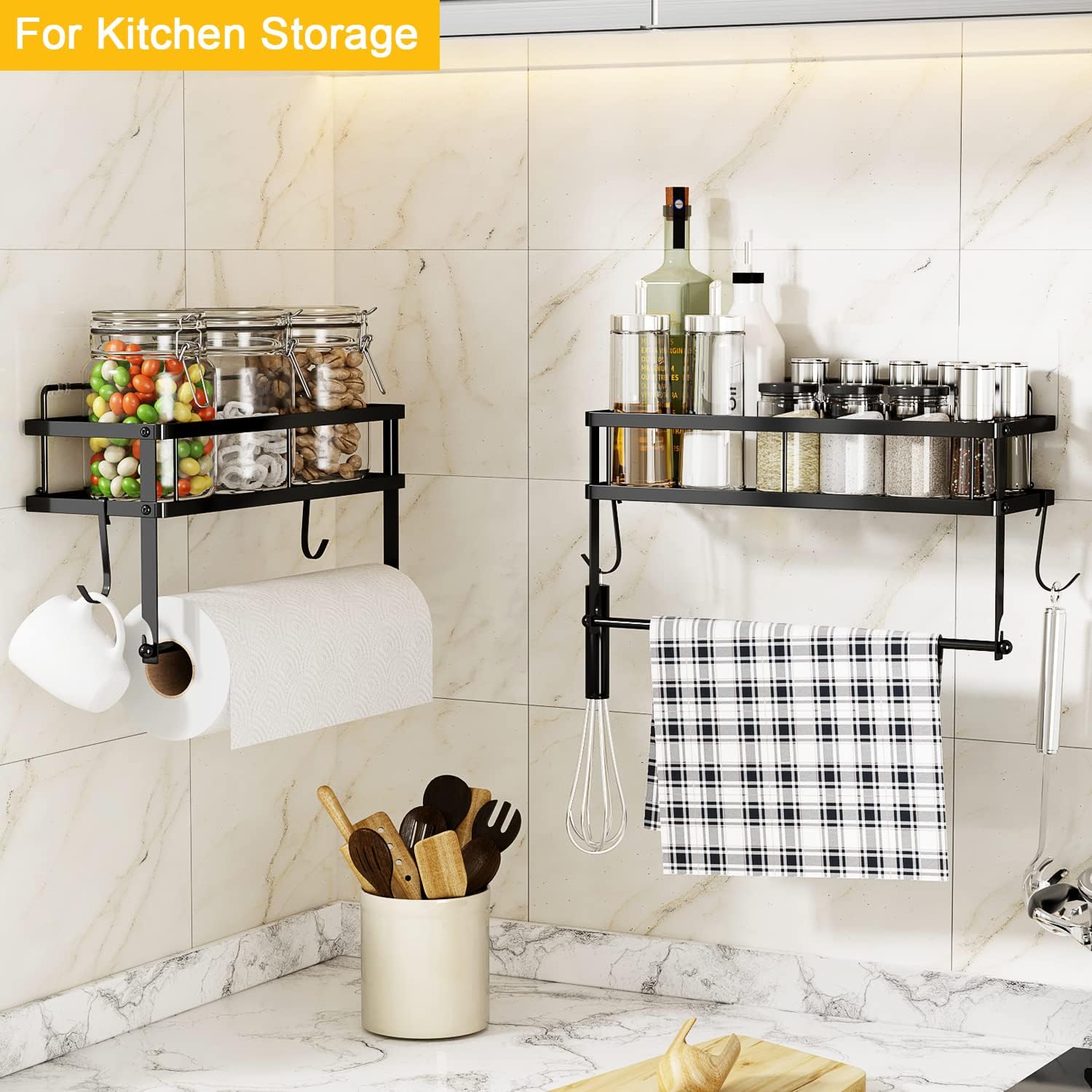 Paper Towel Holder Wall Mount with Shelf, Adhesive, Matte Black Metal | Stainless steel 2in1 holder shelf fits large