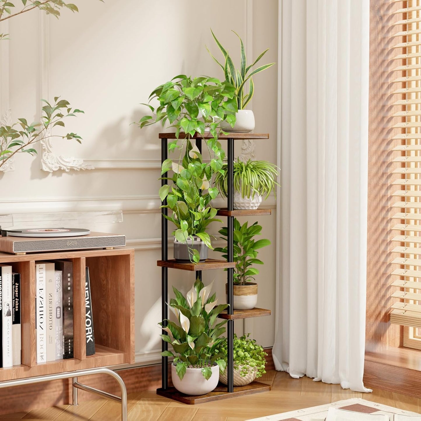 Bamworld Plant Stand 5 Tier Corner Metal Shelf Brown | Tiered shelf organizes multiple plants in living rooms
