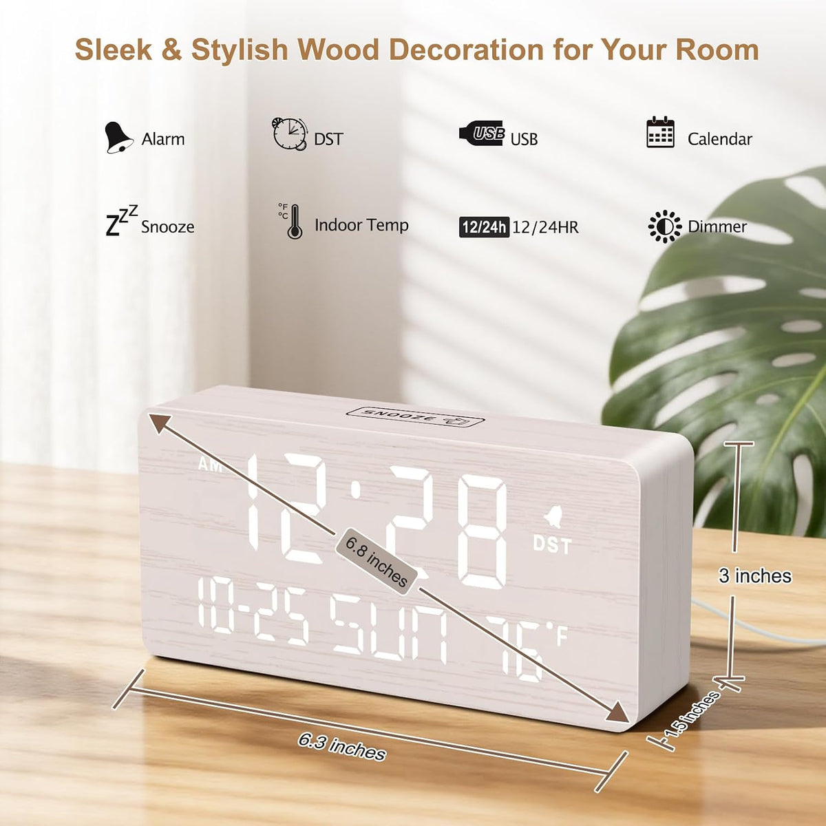 DreamSky Wooden Digital Alarm Clocks for Bedrooms with Date & Day of Week | Living Room Desk Clock, Temperature, USB