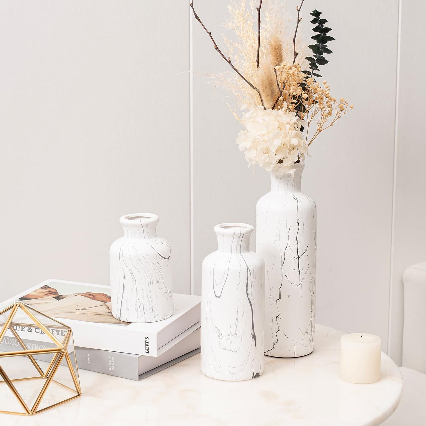 Modern Ceramic Flower Vase / 104-white Gray Marble / Set of 3