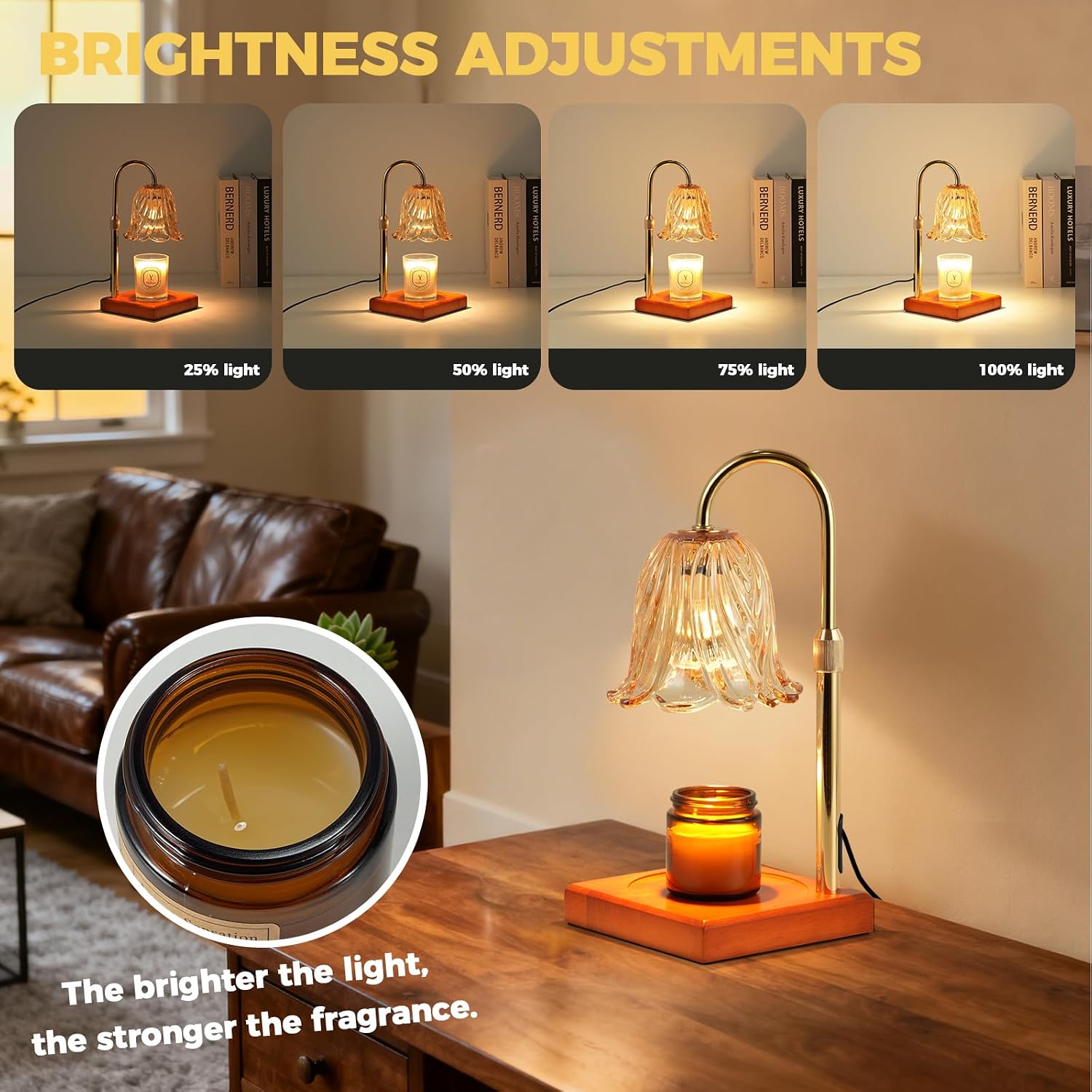 GODONLIF Flower Candle Warmer Lamp with Timer, Gold Electric Candle Lamp | Dimmable Vintage Wax Melt Warmer with 2