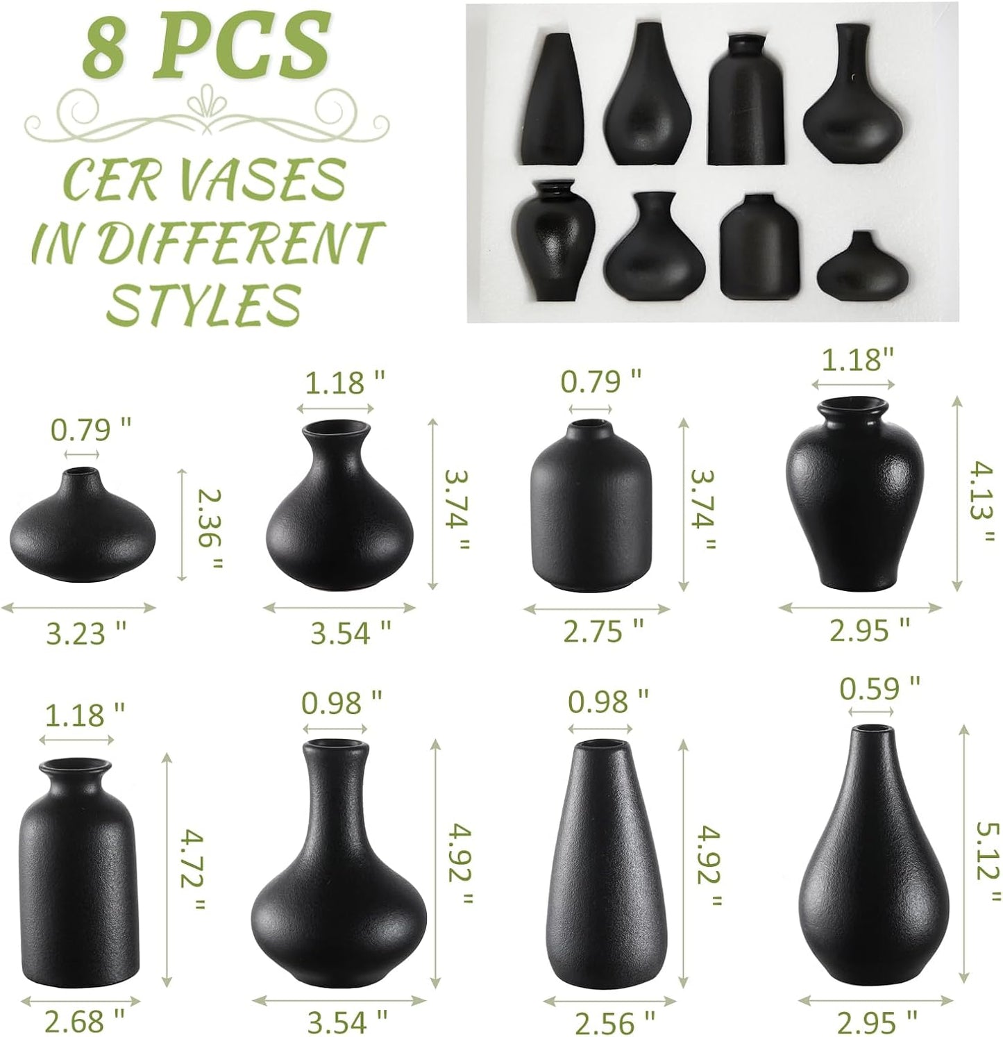 Mini Ceramic Bud Vases for Flowers / Black / Set of 8