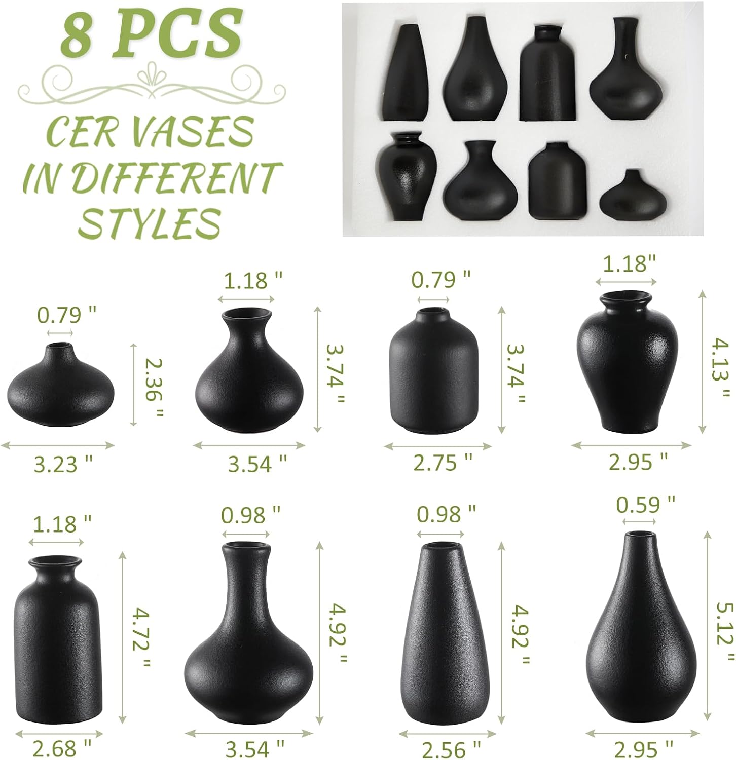Mini Ceramic Bud Vases for Flowers / Black / Set of 8