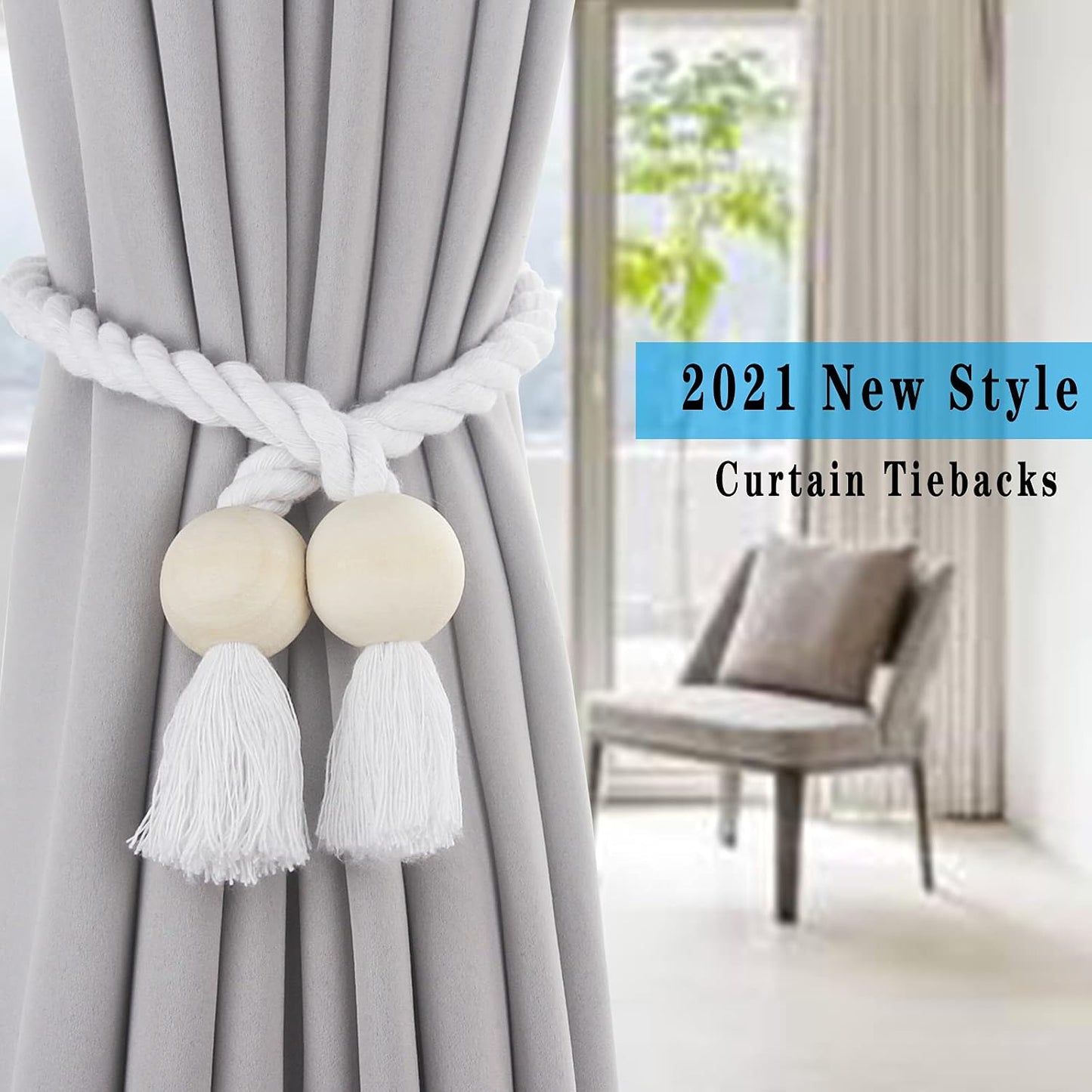 Magnetic Curtain Tiebacks Holdback Cotton Rope Tie Backs for Drapes Porlau | 6 Pack White Cotton Hand Woven Tieback