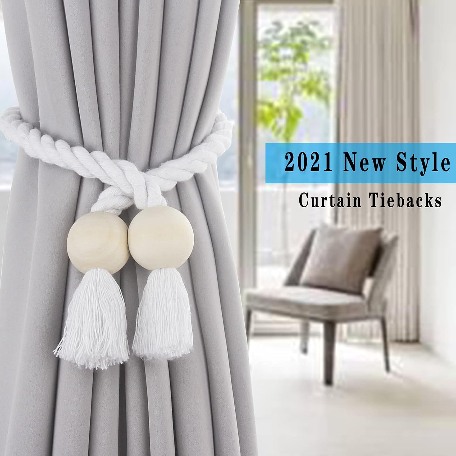 Magnetic Curtain Tiebacks Holdback Cotton Rope Tie Backs for Drapes Porlau | 6 Pack White Cotton Hand Woven Tieback