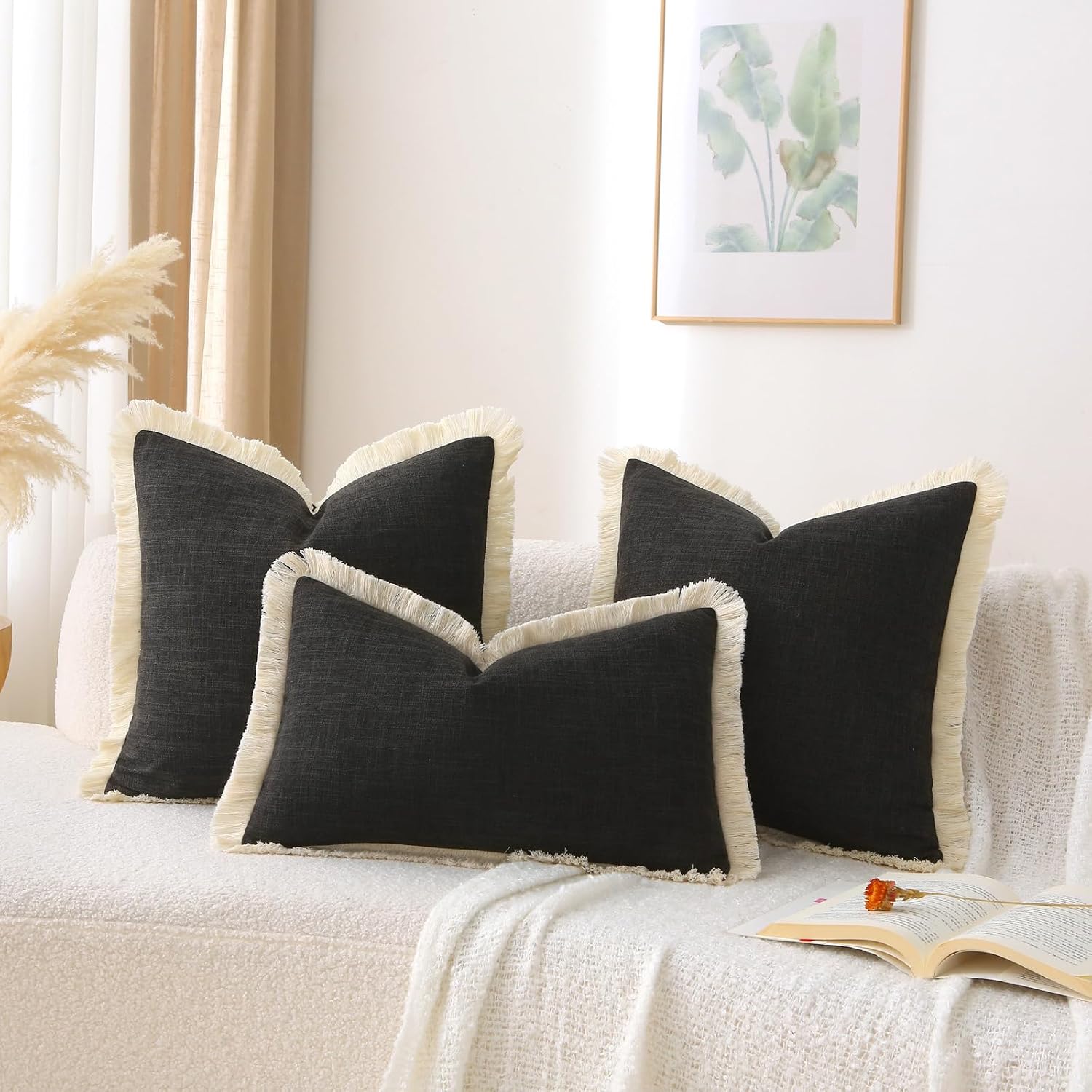 Boho Burlap Decorative Throw Pillow Covers / Black / 18 x 18 / Set of 2
