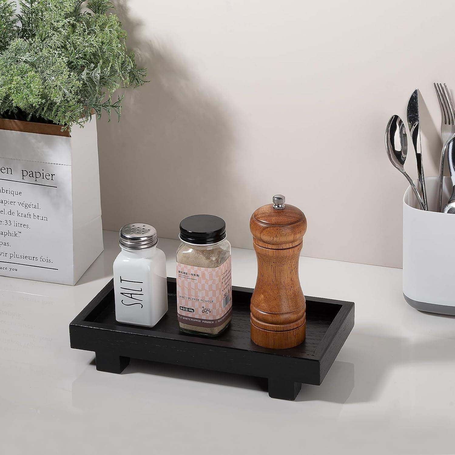 Decorative Tray Small Pedestal Stand Farmhouse Bathroom Decor Wooden Riser / Black / 9.4 x 4.7 x 1.7