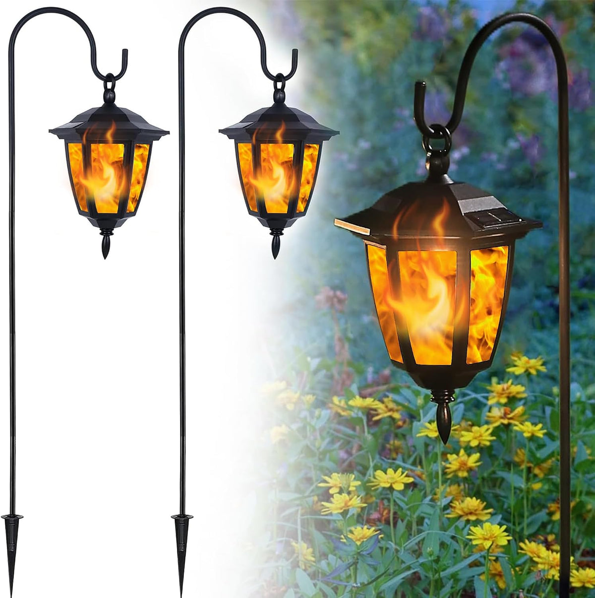 Dynaming 2 Pack Solar Flame Hanging Lights Outdoor, Halloween Solar Flickering Flame LED Garden Lanterns with 2 x 38 Inch Shepherd Hooks, Christmas Lighting for Lawn Patio Yard Pathway Driveway