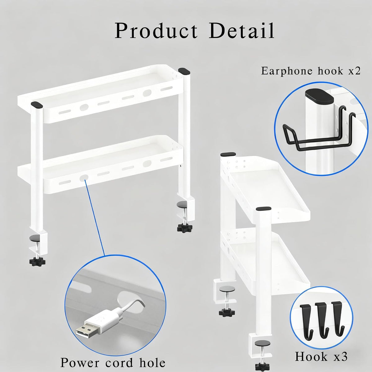 Clamp on Desk Shelf White, 2-Tier Office Desk Shelves Organizer, 17in Small Shelf for Top of Desk with Headphone