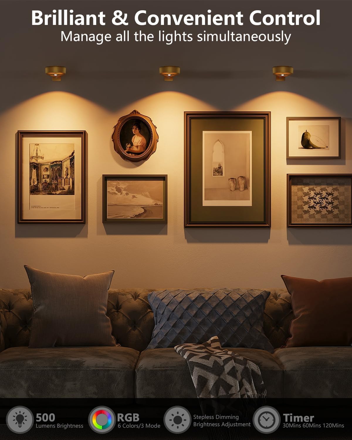 3.3" Picture Lights for Wall Spotlight, 2000mAh Rechargeable, 6Pack, Gold | RGB & 3-Color-Temp丨Remote & Touch