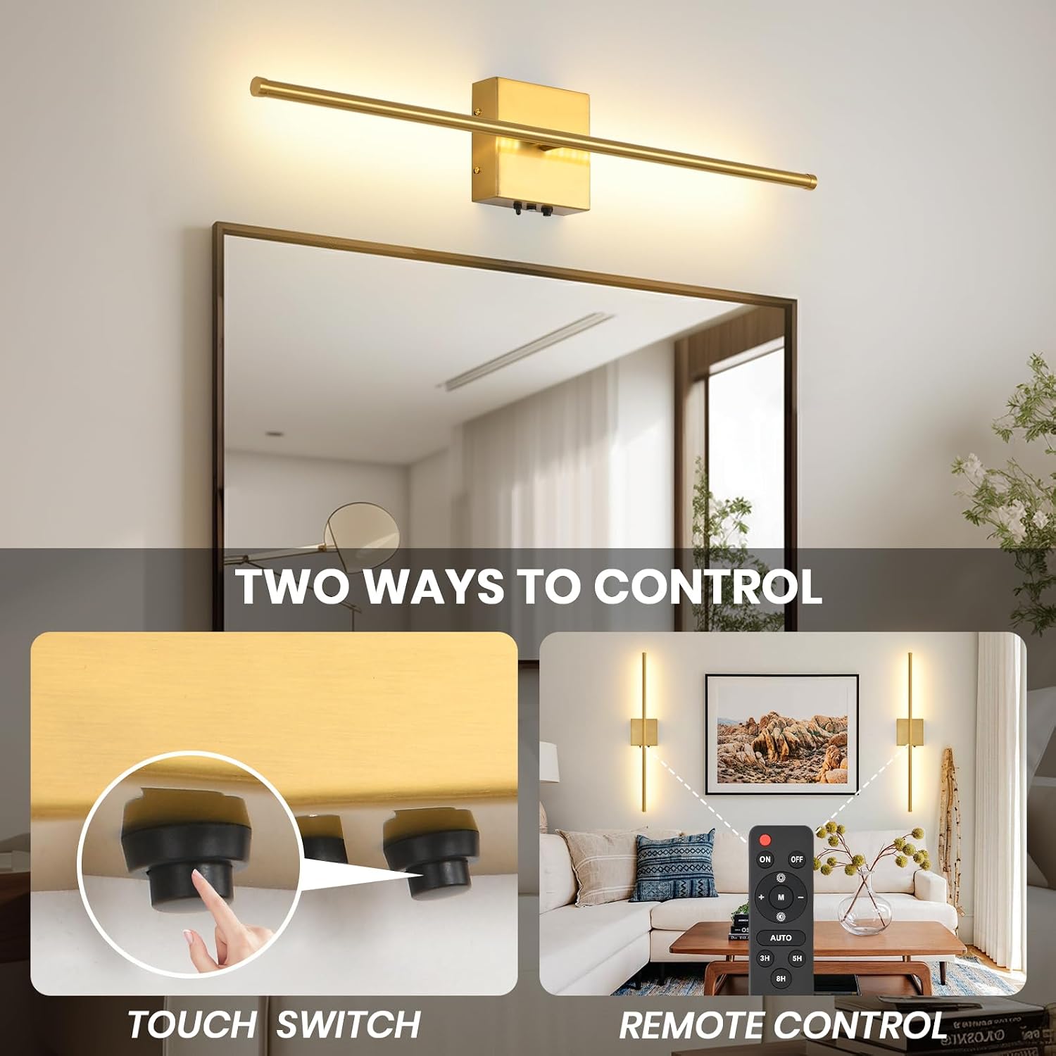 Rechargeable Battery Operated Wall Sconces, 11000mAh Wireless Brushed Gold Wall Lights with Remote Control, 350°Rotate