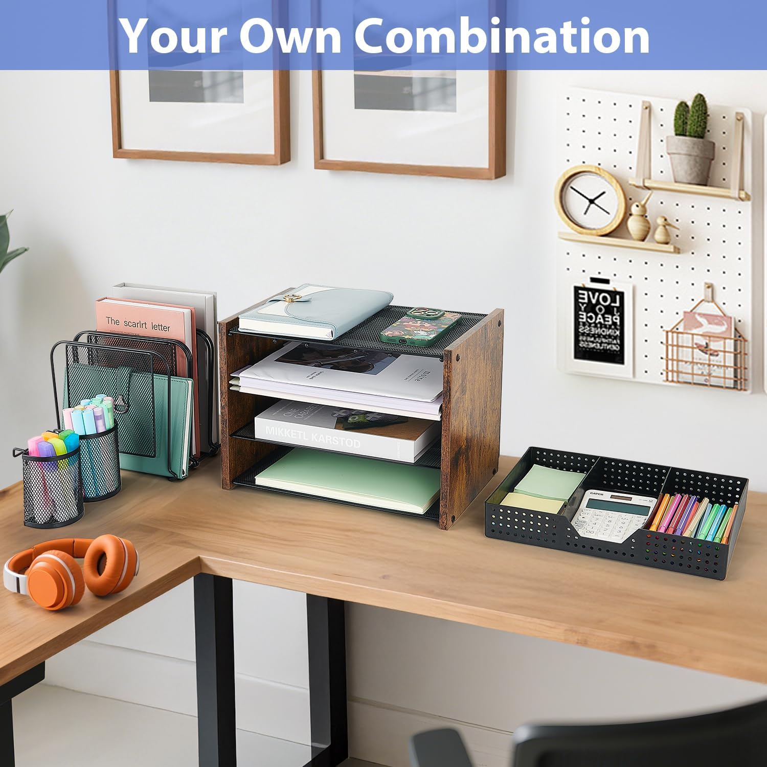 AUPSEN Desk Organizer with 5 Vertical File Holders, Storage Drawer & 2 Pen Holders, 5 Trays Paper Letter Tray