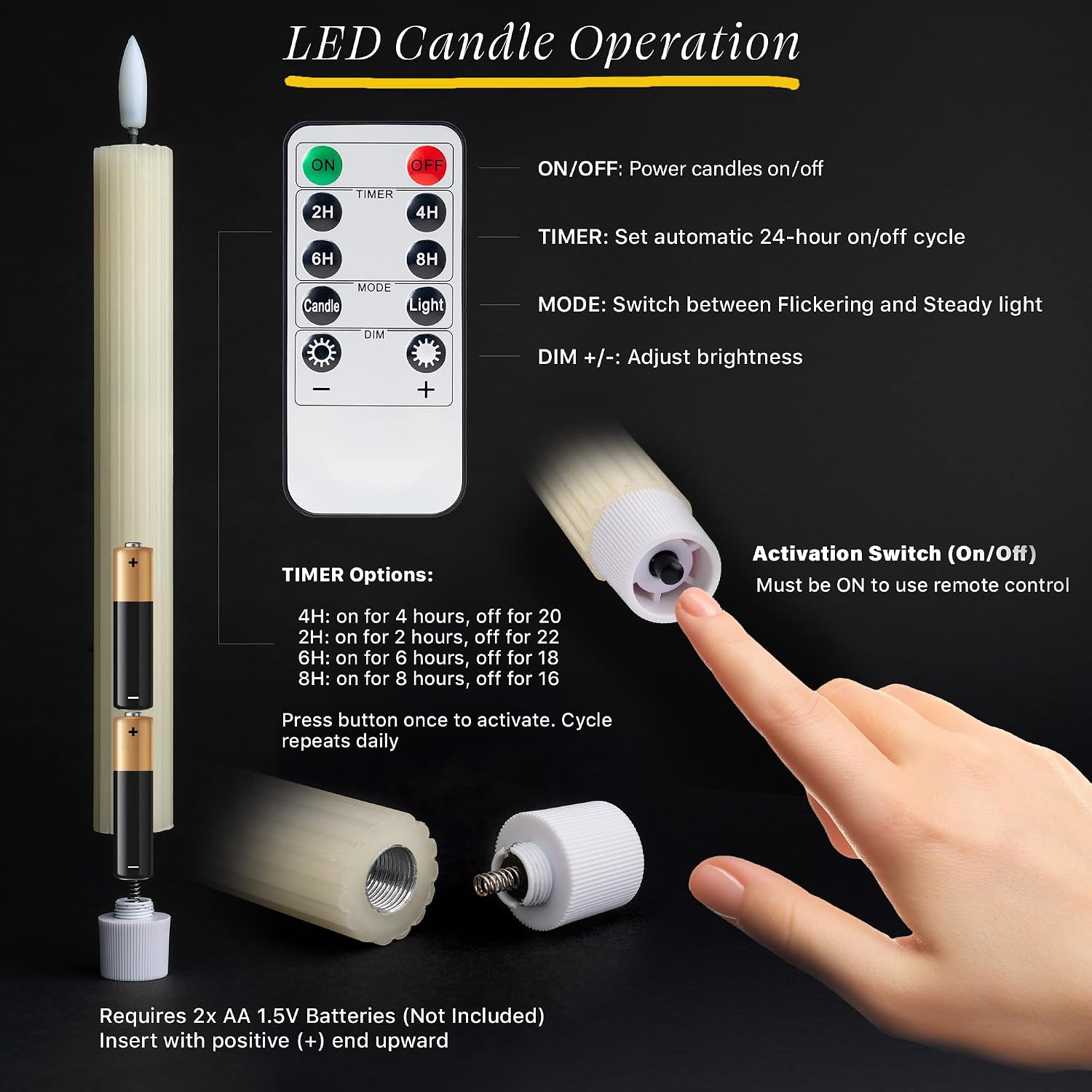 10" Fluted Ribbed LED Ivory Grooved Real Wax Taper Candles, Remote & 24h Timer Memory, On/Off Switch - Flameless