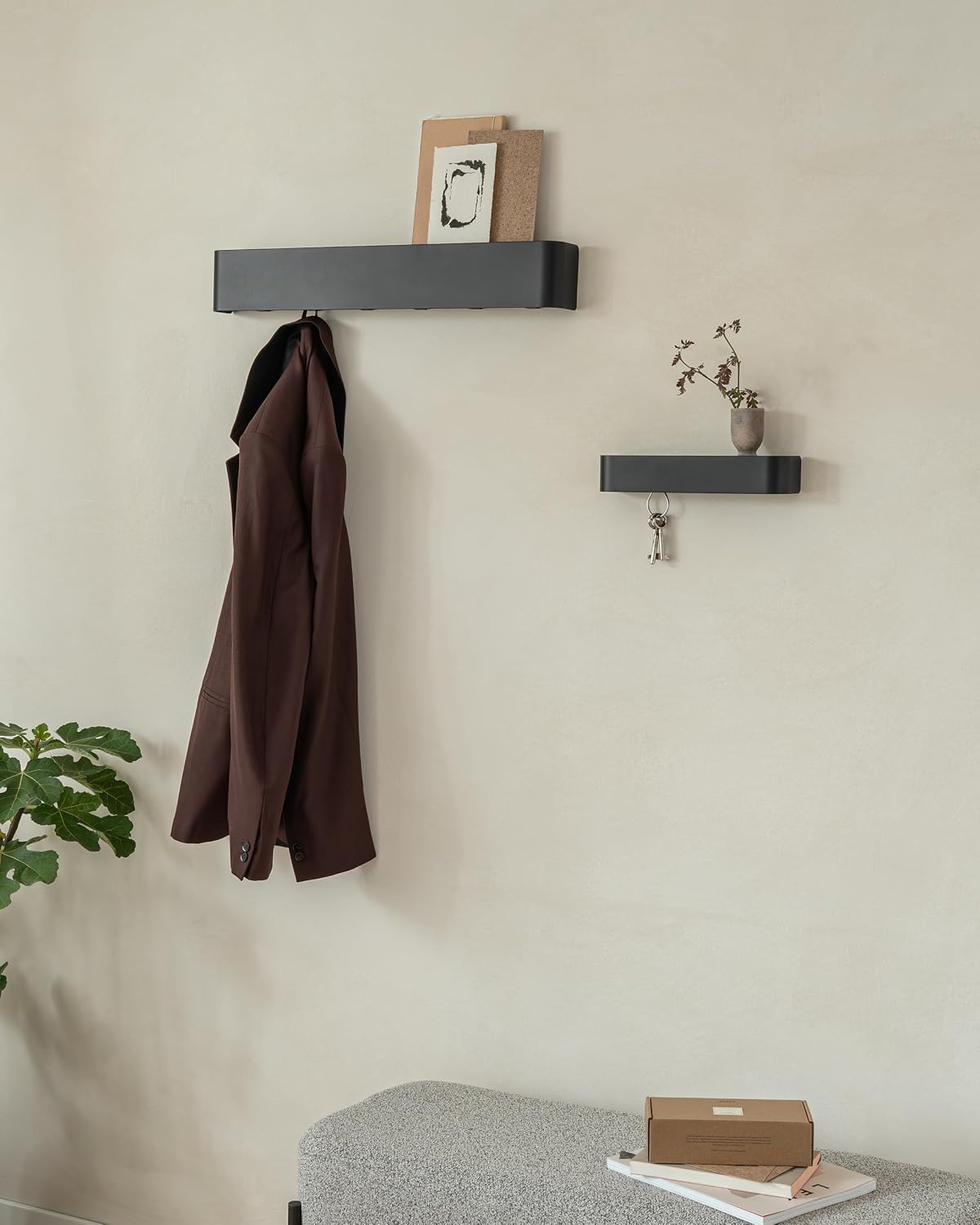 Kazai. Coat Rack Wall Mount with Shelf 'Tone' | Modern Design Coat Hanger with Hidden Hooks and Storage | Hat Rack with