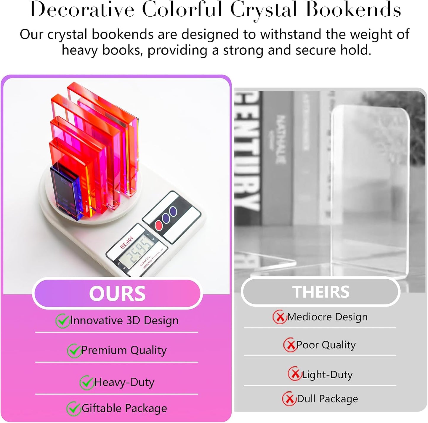 6Lbs Heavy Crystal Bookends Geometric Crystal Bookends Decorative Bookends / Square