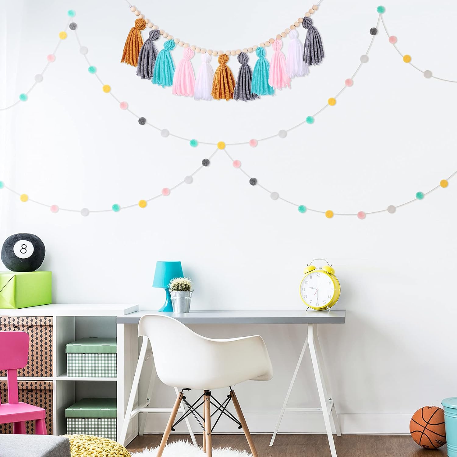 79" 2 Pom Pom Garland Wall Decor and 36" 1 Boho Tassel Garland / Simple Colors / Set of 3