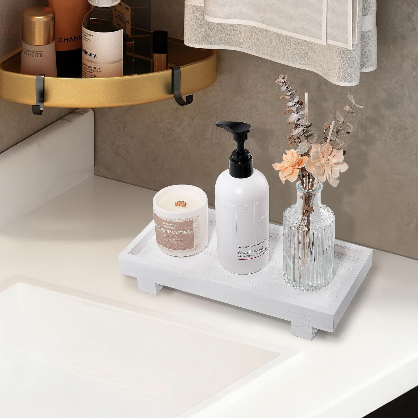 Decorative Tray Small Pedestal Stand Farmhouse Bathroom Decor Wooden / White / 10.8 x 5.3 x 1.7