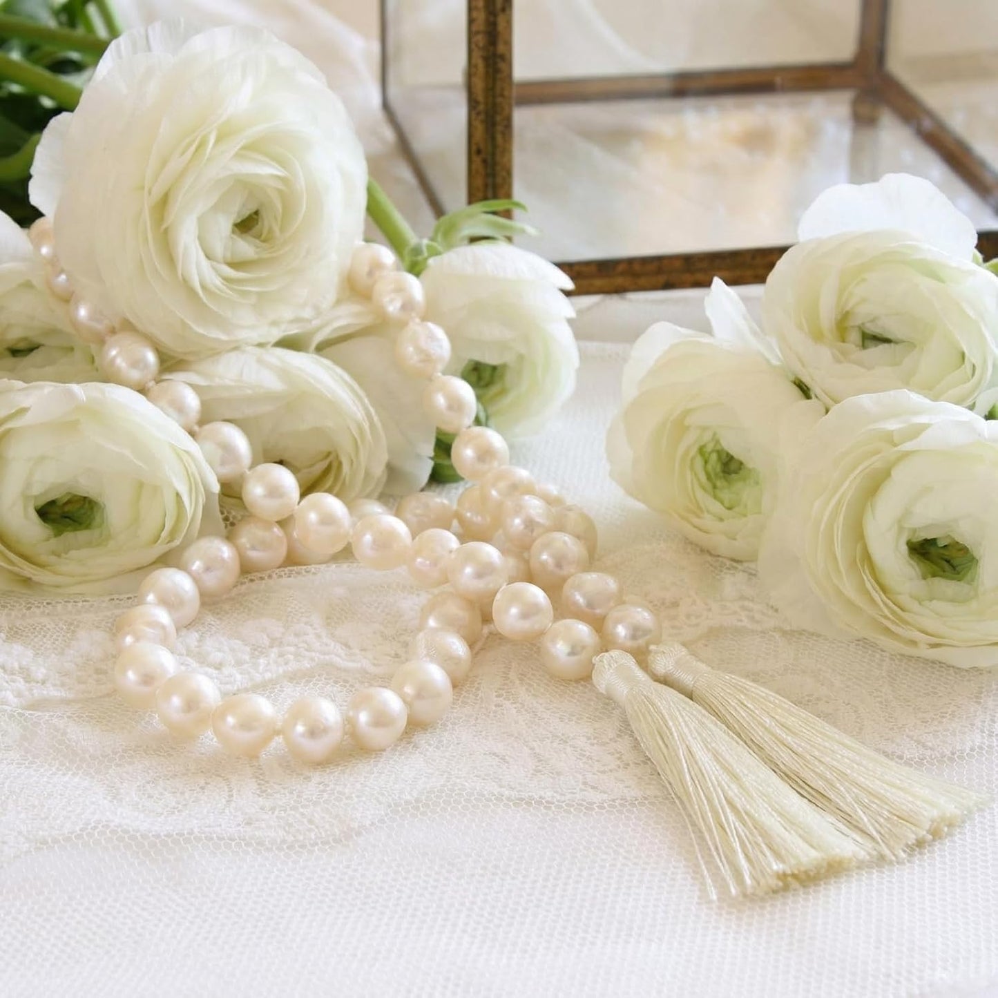 Tassels 16mm Pearl Glass Bead Garland Boho Wedding Table Decor Healing Bead / Beige / 58 Inch