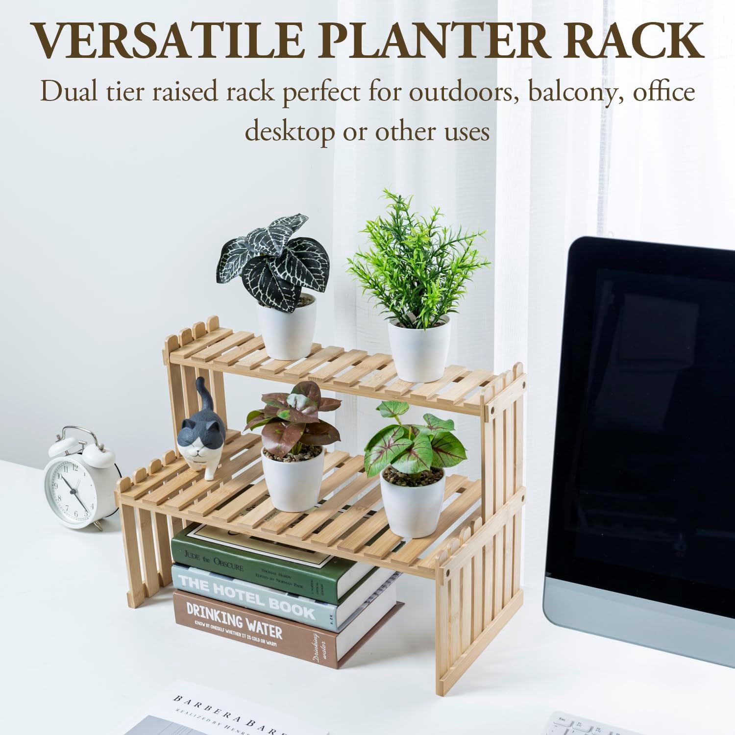 MyGift Bamboo Desktop Plant Stand, 2 Tier Slatted Shelf Organizer Rack | Natural bamboo stand adds two tiers for