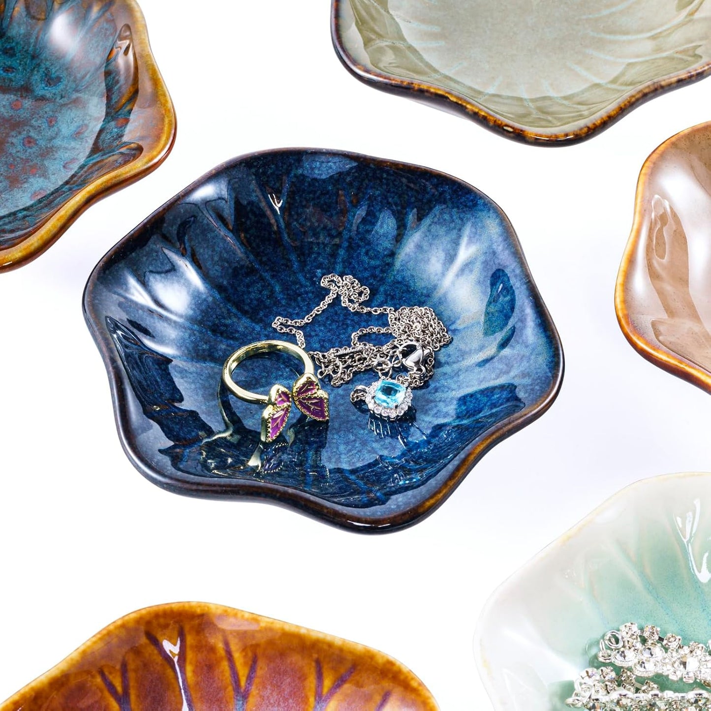 Handcrafted Floral Trinket Trays in Luxe Glazed / Kiln Transformation Six Color Mixture / Set of 6