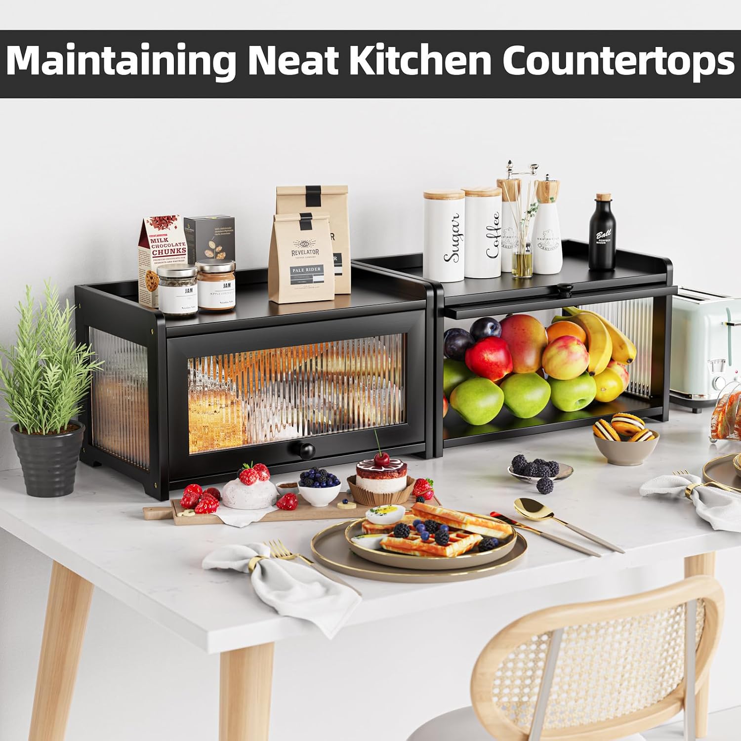 BAMBANG Bamboo Bread Box for Kitchen Countertop, Extra Large Farmhouse Bread Box with 4-Side Clear Panels, Wooden Bread