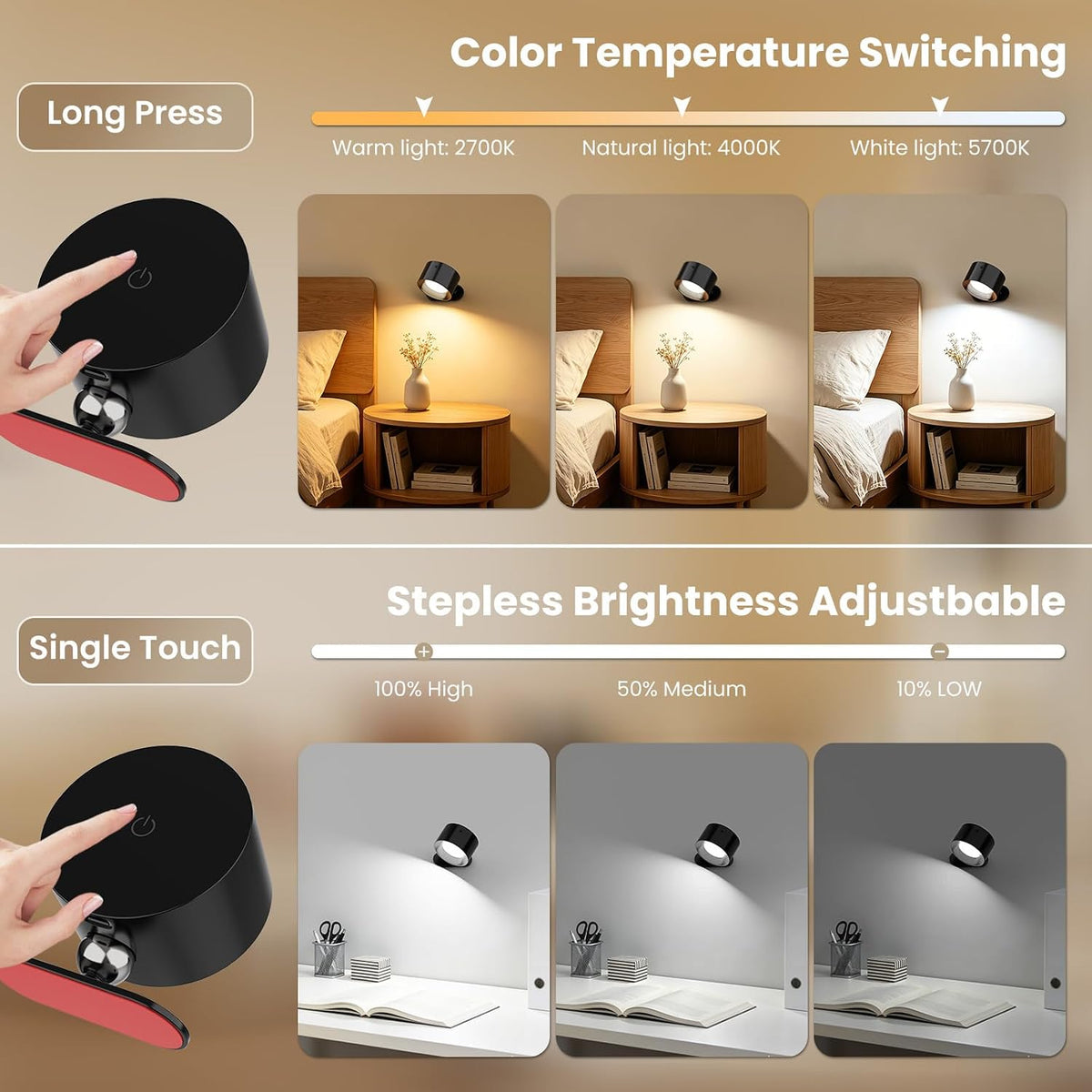 AKSDA 3Pack Battery Operated Wall Sconce, 3 Color Modes 3 Brightness Levels 360°Rotation Lighting Timer Touch & Remote