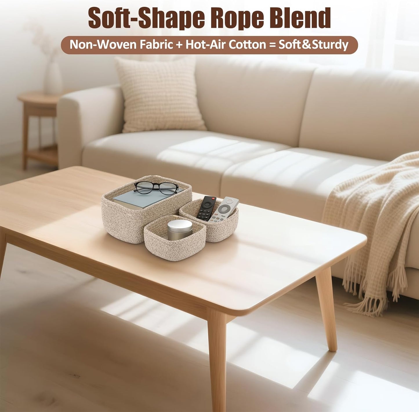 Small Woven Rope Storage Baskets / Natural / 11.81*7.48*4.72'' & 5.91*5.91*2.56 / Set of 5