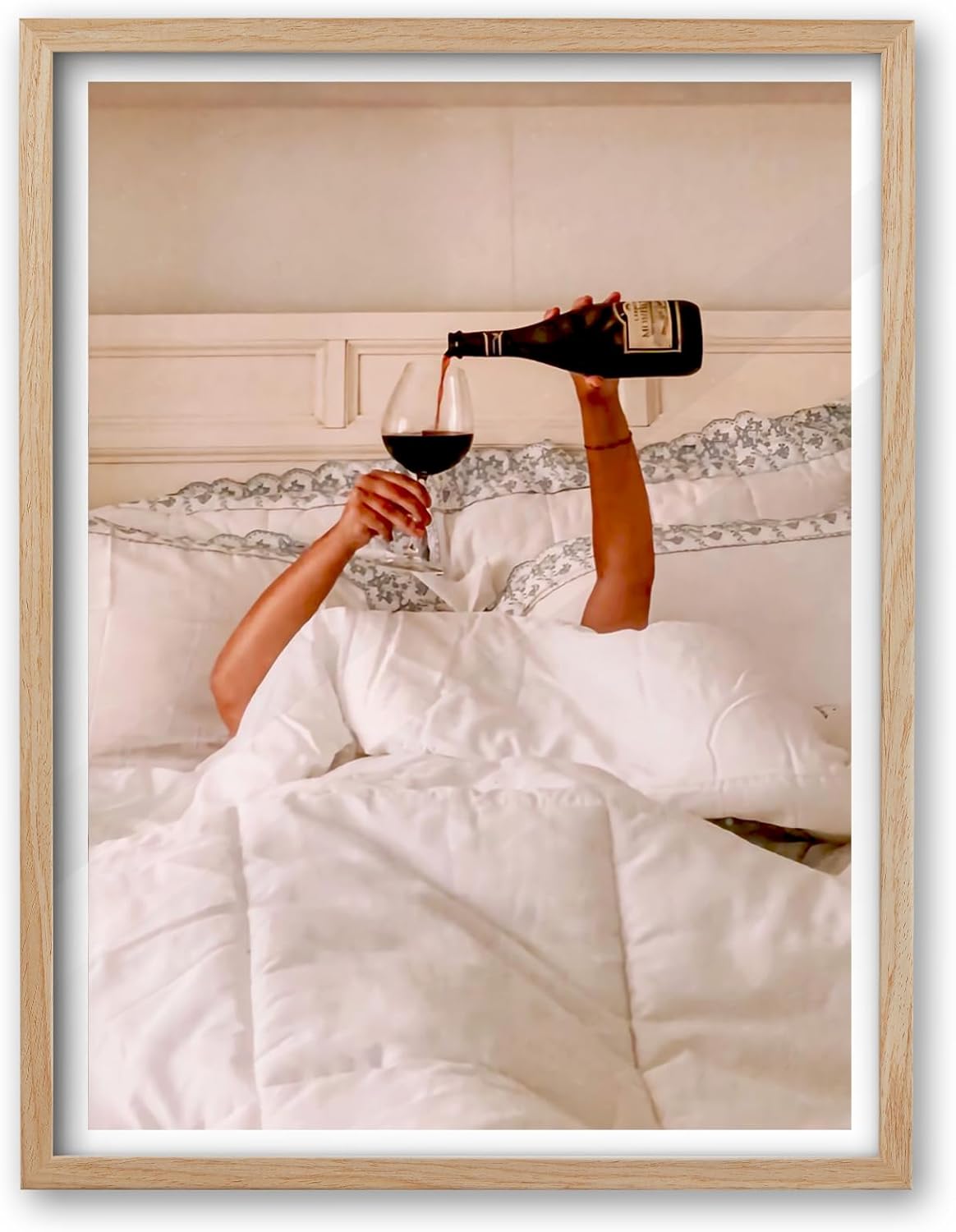 EcoHest 16x20 in Woman Drinking Wine in Bed Framed Wall Art for Bedroom