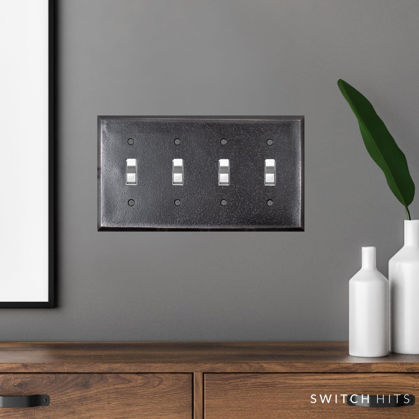Distressed Antique Bronze Outlet Wall Plate | 4 Toggle | 8.25" x 4.5" | Hand-Polished Brass Construction | Electrical