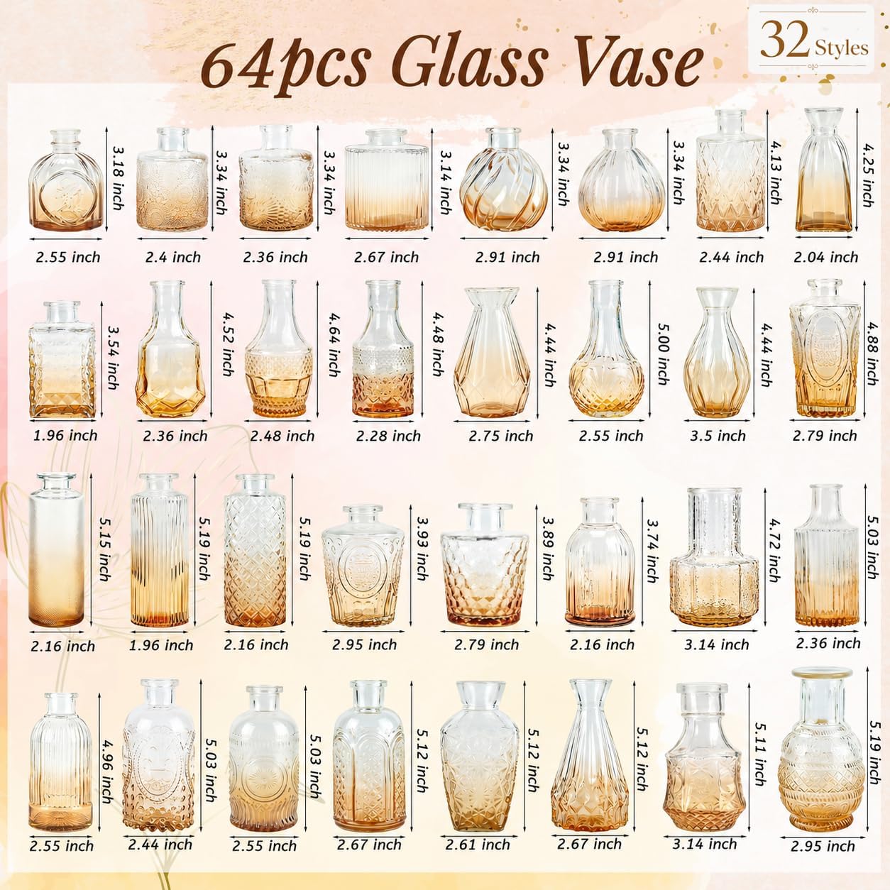Glass Bud Vases / Amber-2 / Set of 64
