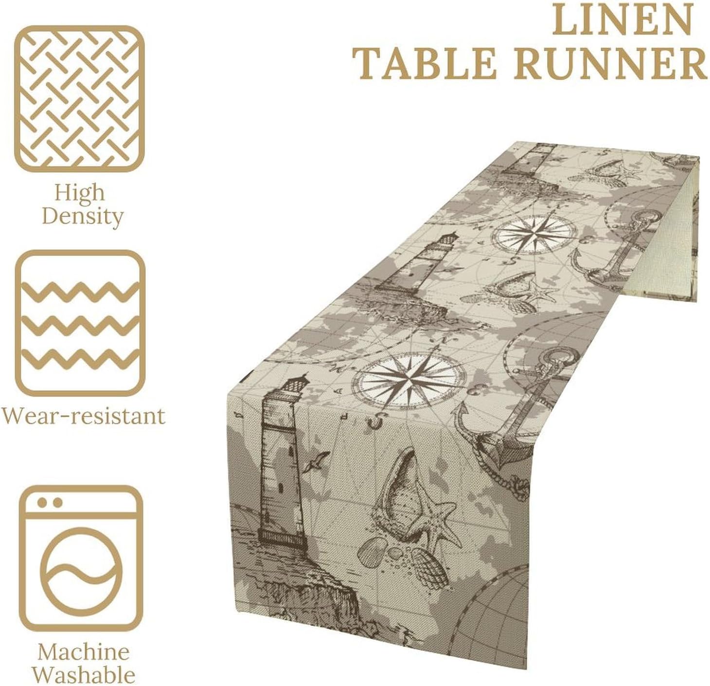 Nautical Sailboat Map Table Runner, Sketch Pirate Ship Wheel Compass Patterns Printed Linen Table Runner for Home