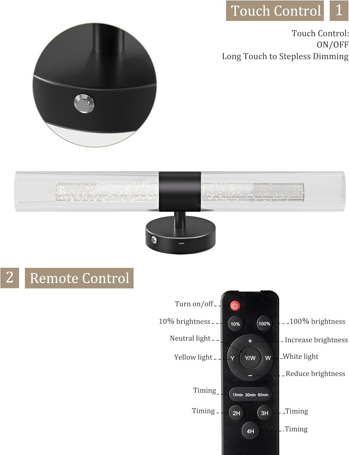 Black Wall Sconces Battery Operated with Remote Control, 21.5 Inch 3CCT | Rechargeable Wall Sconce with Timer
