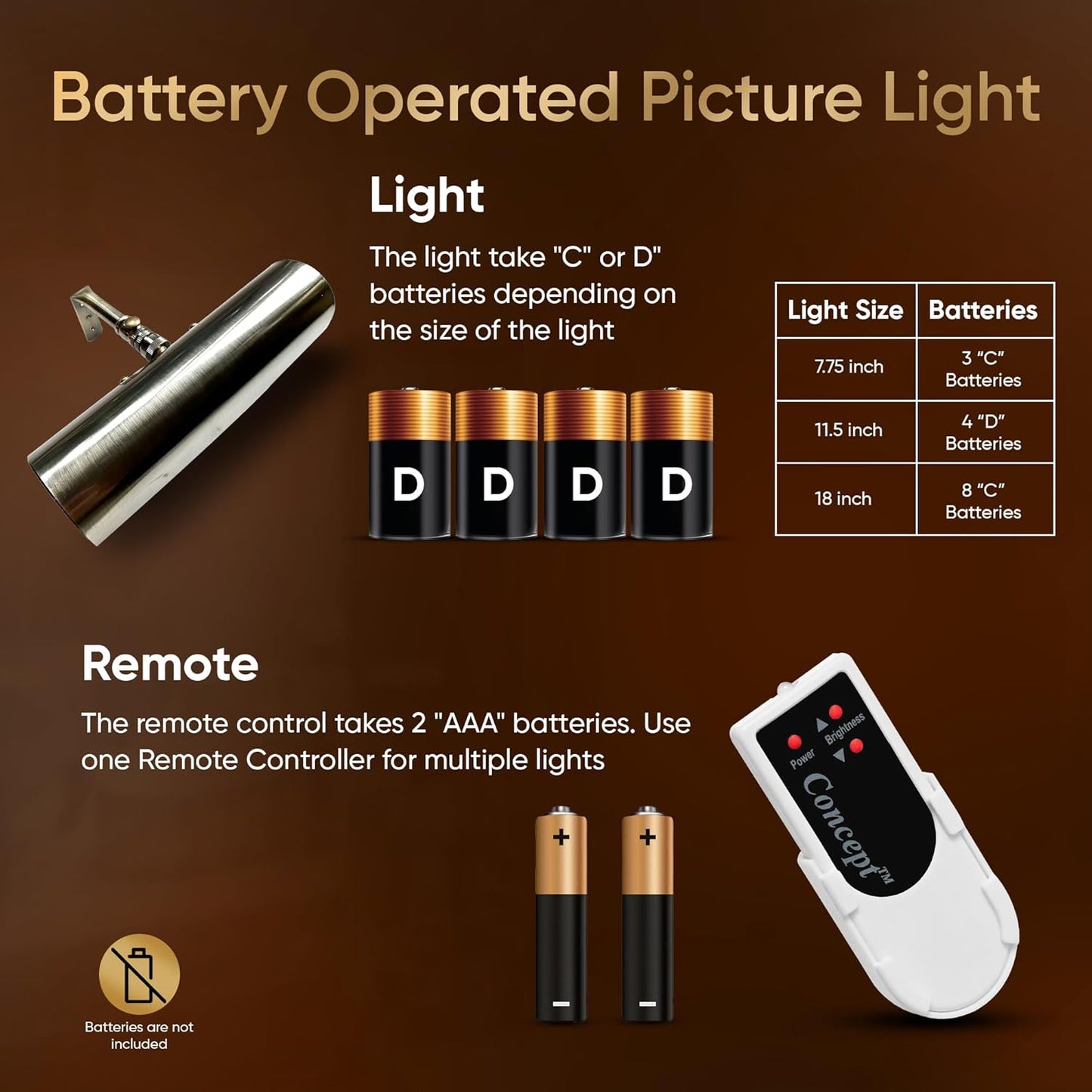 Concept Lighting 102L Cordless Remote Control LED Picture Light- 11 1/2 inch Antique Brass With Silver Undertones
