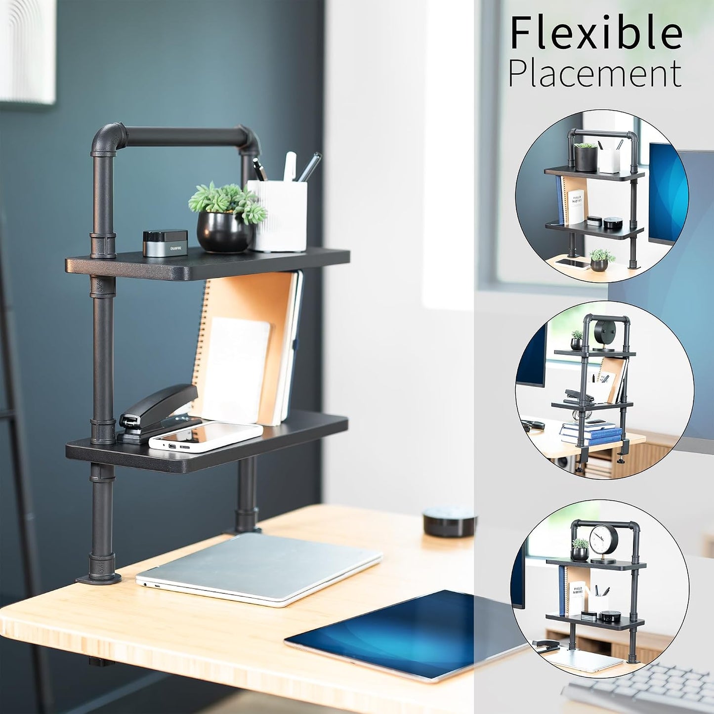 VIVO Clamp-on Premium 16 inch Industrial Pipe 2-Tier Tabletop Shelving, Heavy Duty Desk Extension Organizer, Modern
