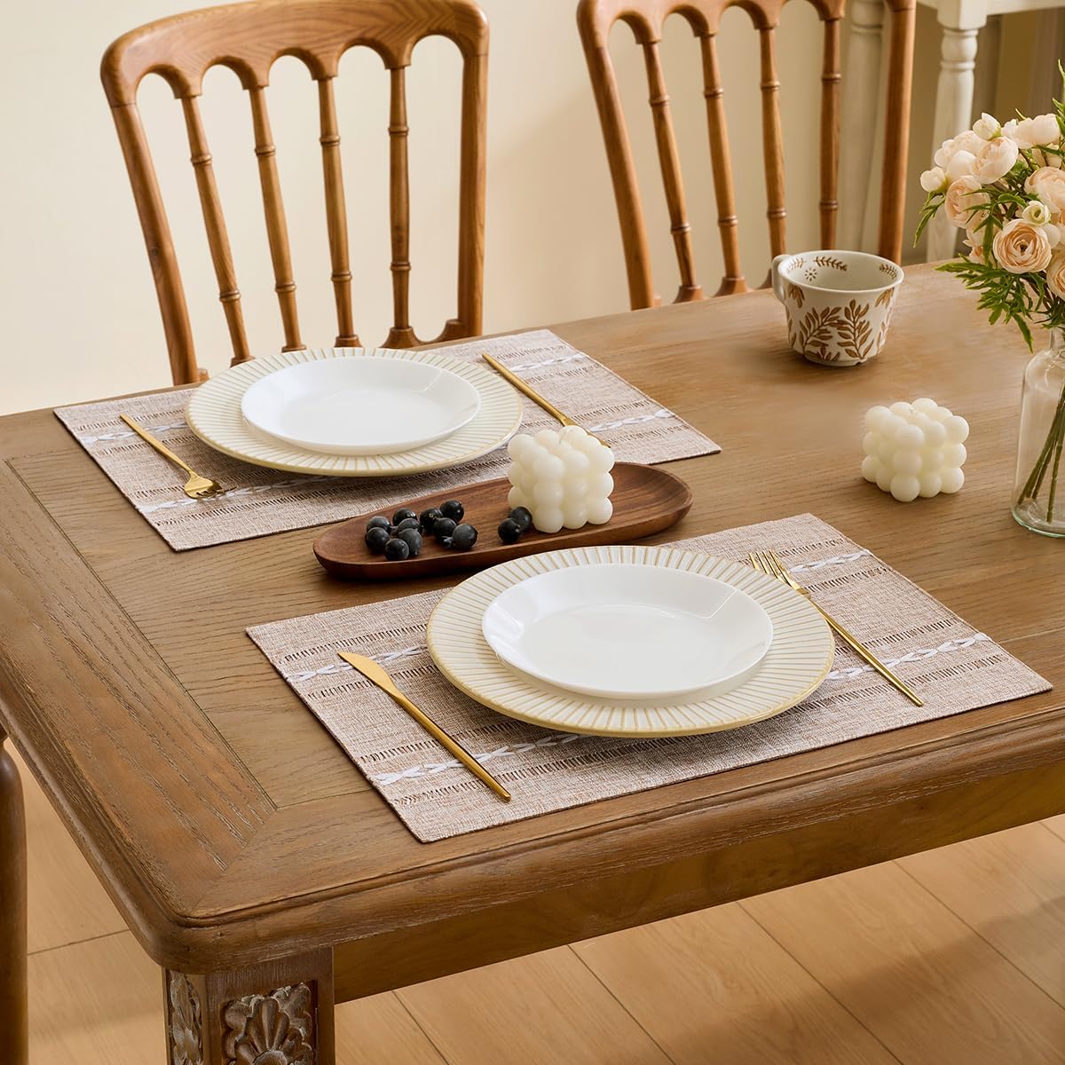 Wracra Cotton Linen Place Mats, Brown Embroidered Placemats Set of 8 | Placemats 12 x 18 Inch; Cotton Linen Woven