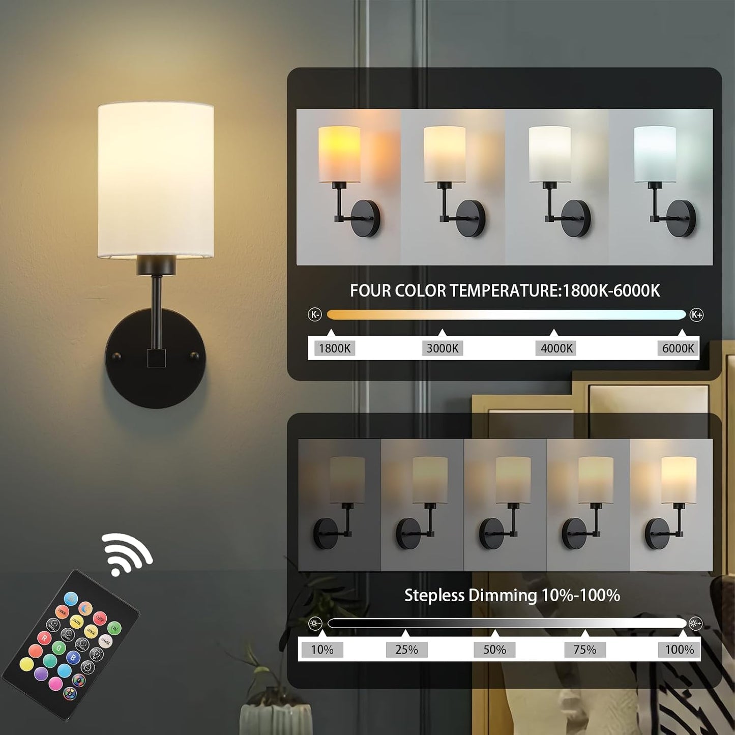 KARTOOSH Battery Operated Wall Sconce Set of Two, Dimmable 4CCT, RGB, Timer | Rechargeable Wireless Wall Decor Light