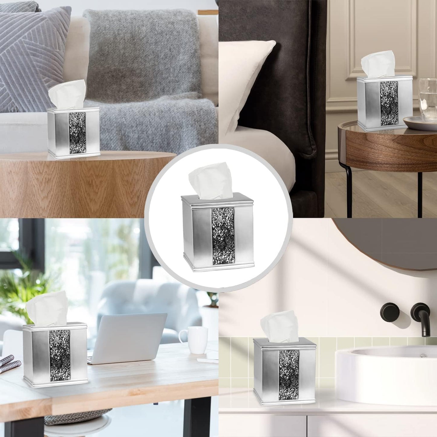 Zahari Home 2pc Sinatra Silver Modern Bath Accessories Set Waste Basket & Tissue Box Modern Classic Contemporary