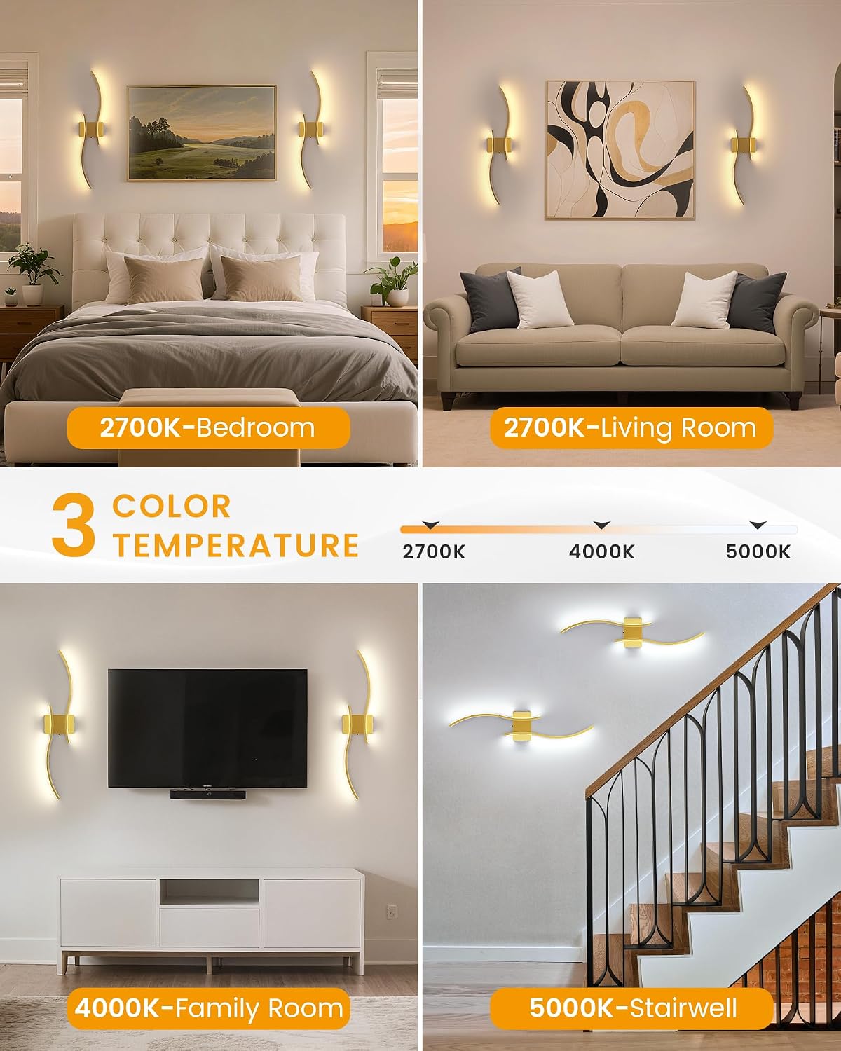 27.6 Inch Battery Operated Wall Sconce Set of 2, Gold Modern Rechargeable Wall Lights with Remote, 3CCT Dimmable