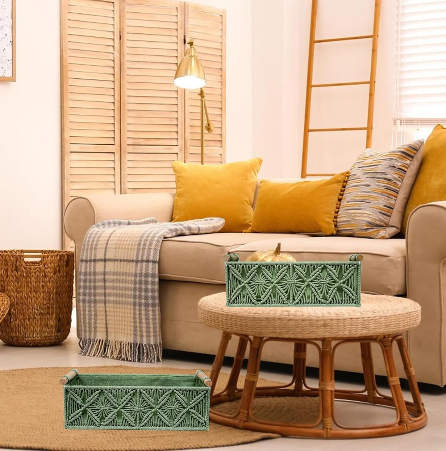Macrame Boho Decor Baskets for Organizing Woven Decorative Basket for Countertop Toilet / Green
