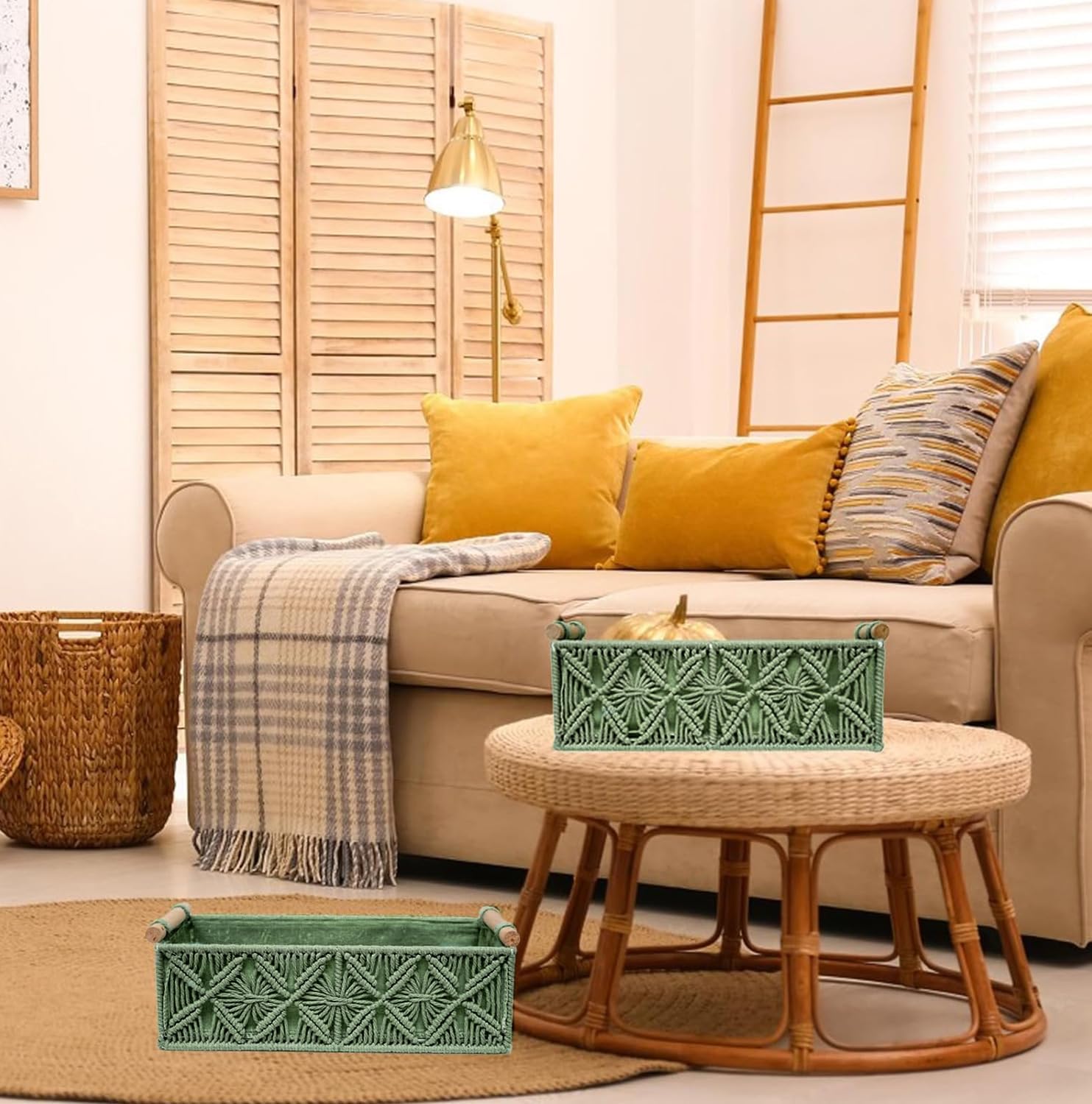 Macrame Boho Decor Baskets for Organizing Woven Decorative Basket for Countertop Toilet / Green