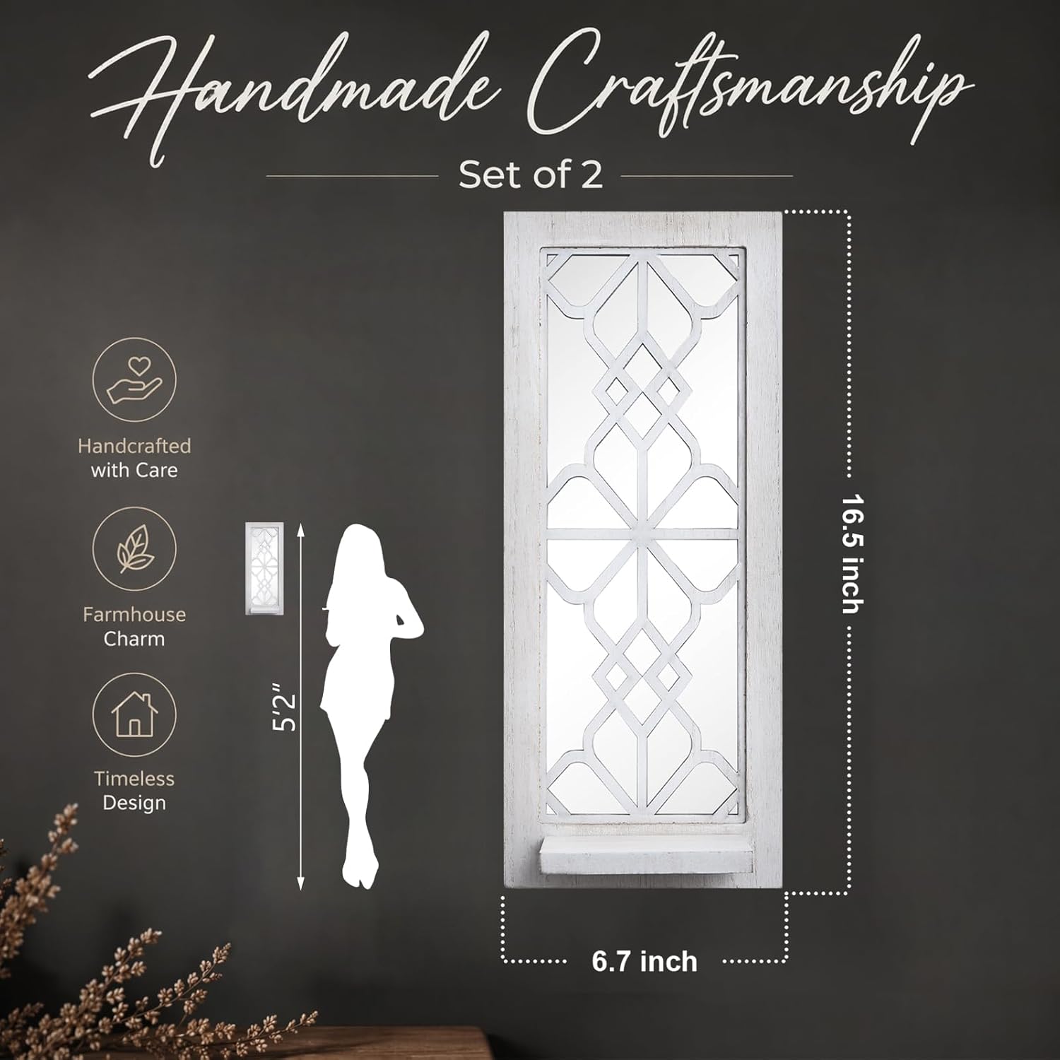 Rustic Candle Sconces Living Room Bedroom Entryway Wood Mirrored / White-16.5 Inch / Set of 2