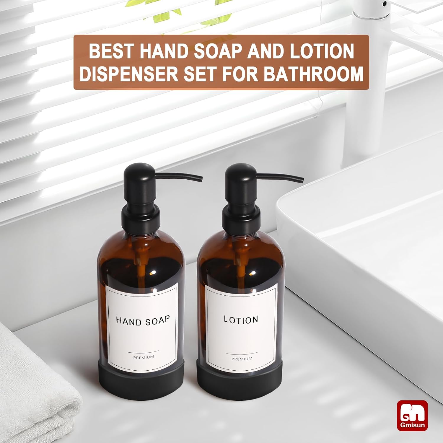 GMISUN Amber Glass Soap Dispenser with Silicone Sleeve Boot, 2 Pack Bathroom Hand Soap Dispensers with Pump, 17 Fl Oz