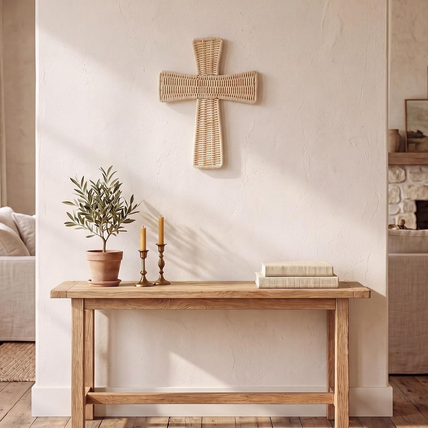 Boho Wicker Wall Decor Handmade Rattan Bohemian Hanging Ornament Rustic / Cross / Natural / 12 Inch