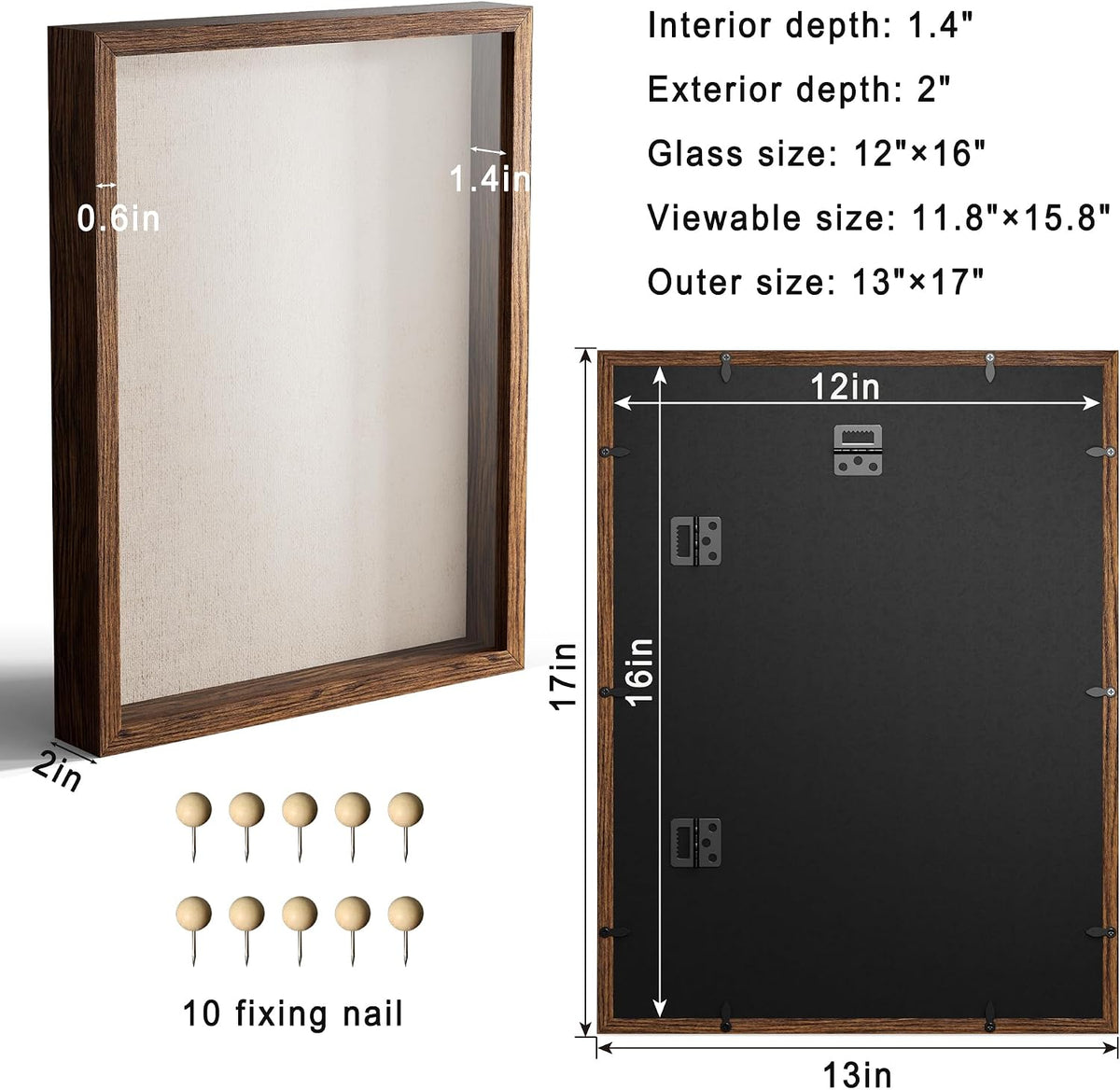 12x16 Large Shadow Box Picture Frame Display Case with Soft Linen Back, Brown Wooden Memory Shadow Box Frame with