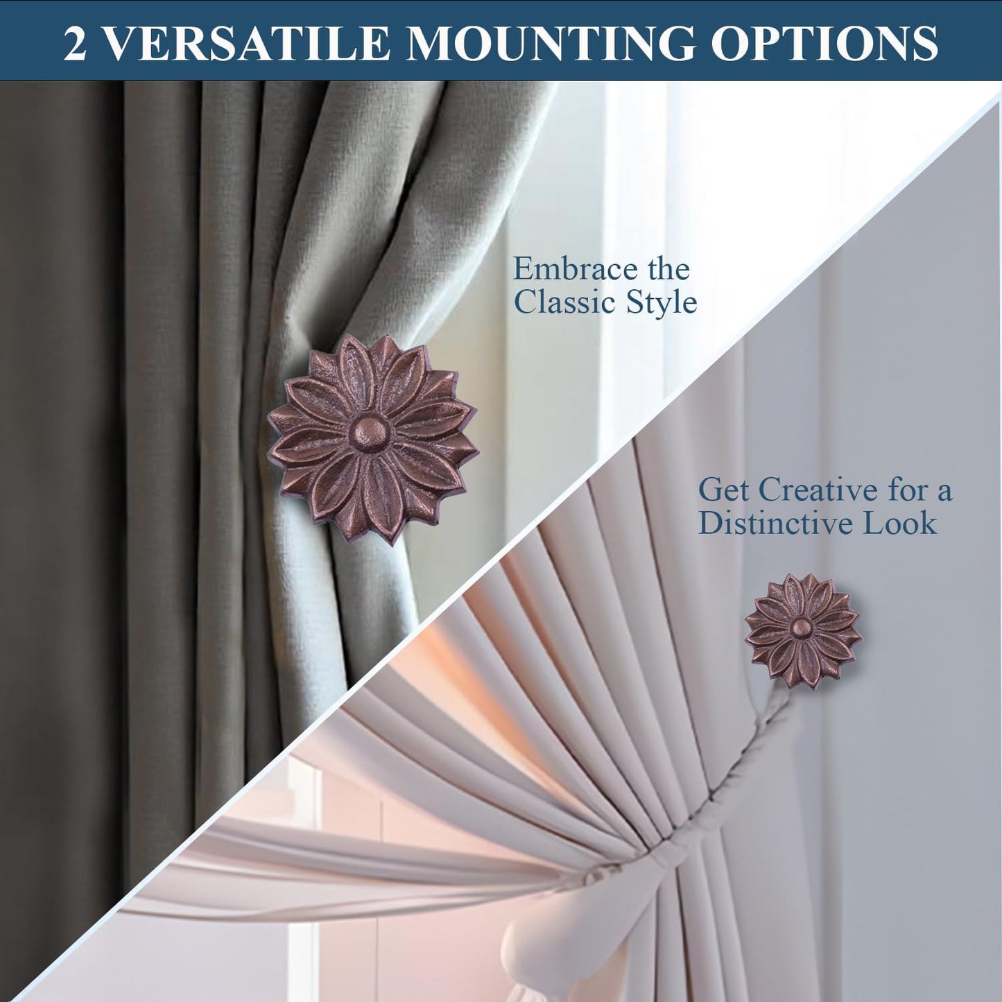 The Metal Magician Wall Mounted Floral Curtain Holdbacks (Pack of 4) - Boho Flowery Curtain Holders for Living Room