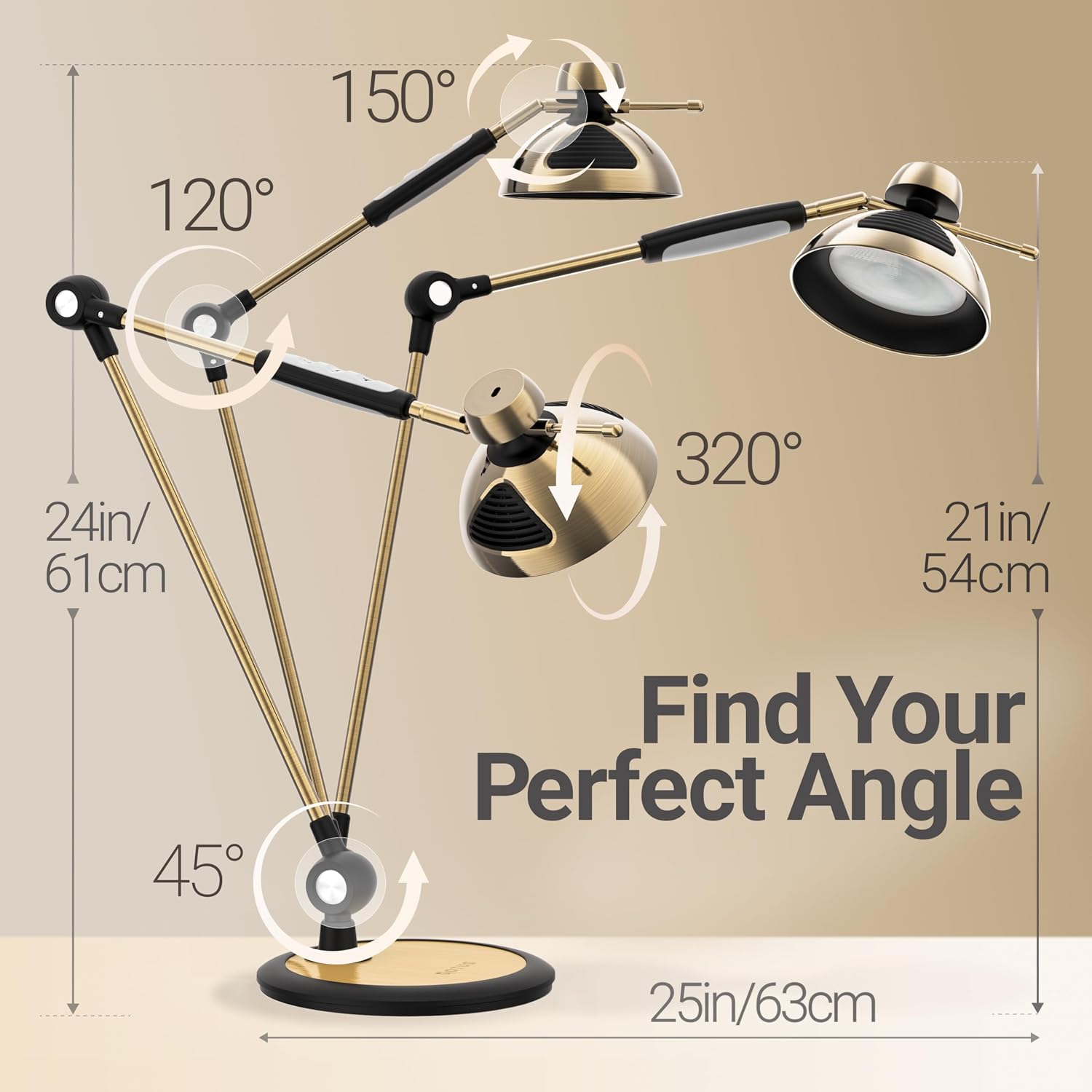 OTUS Tall LED Architect Desk Lamp for Home Office, Gesture Control, Brass | Touch Dimming, 12 Brightness Levels