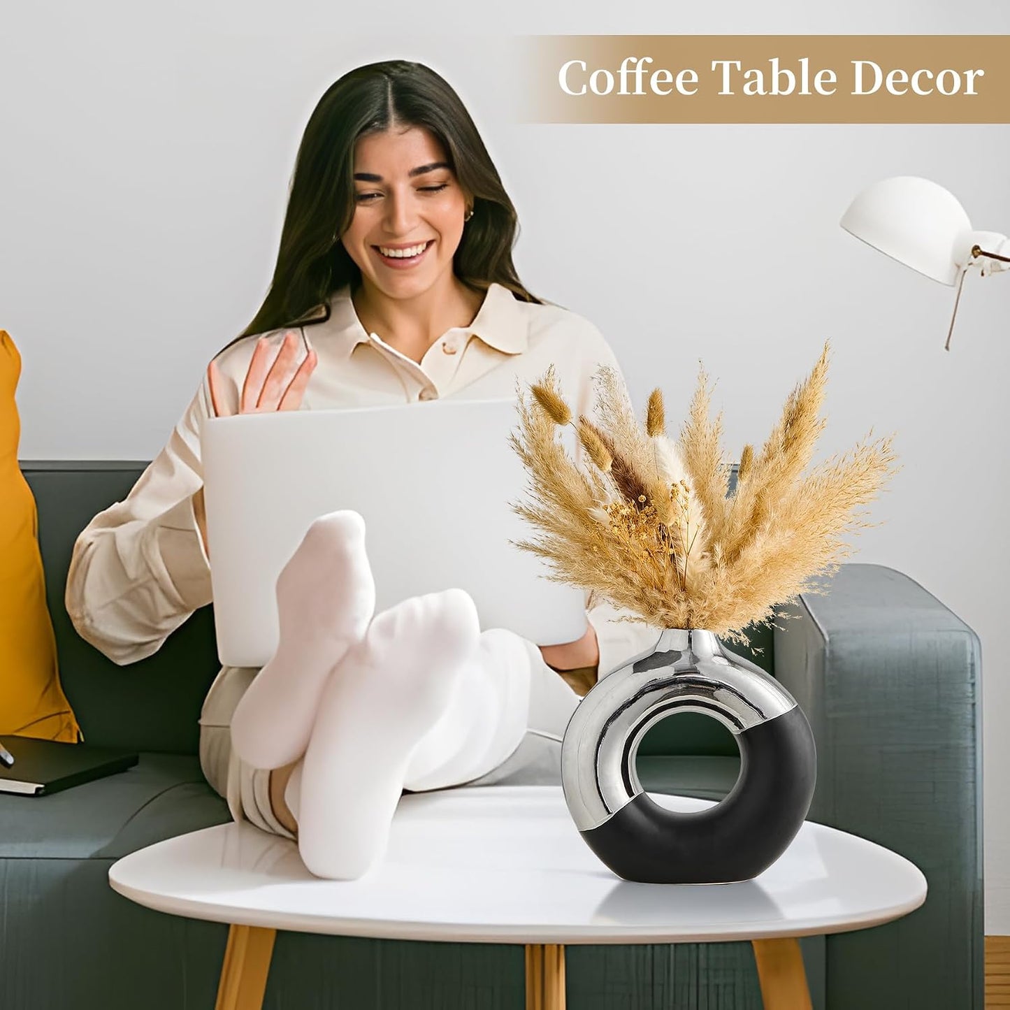 Ceramic Donut Vase / Black & Silver / Large