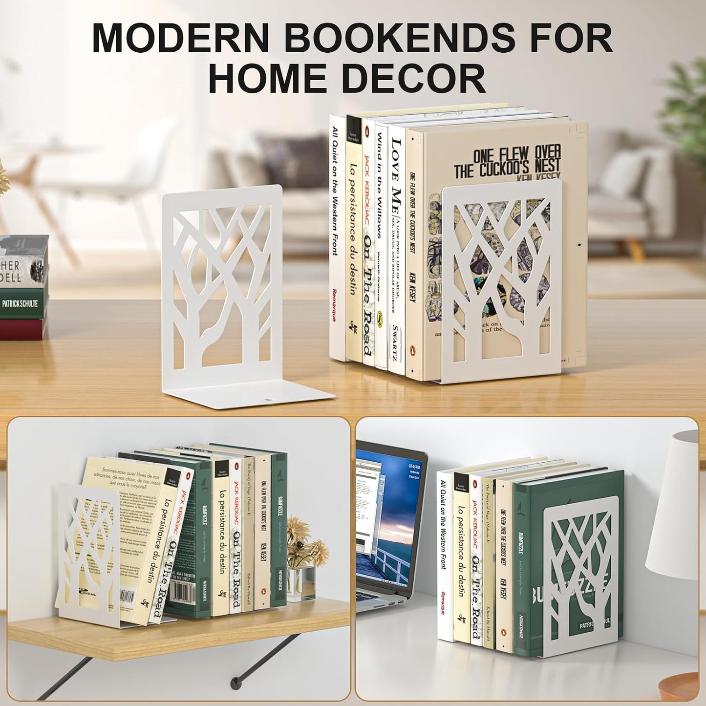 Tree Design Modern Metal Bookends / White / Set of 8