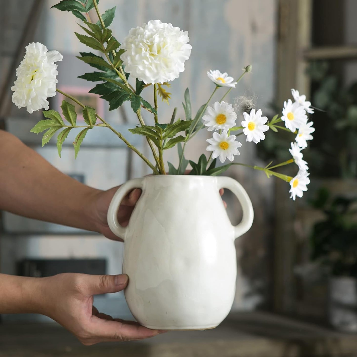 White Ceramic Vase / Double Handle - White